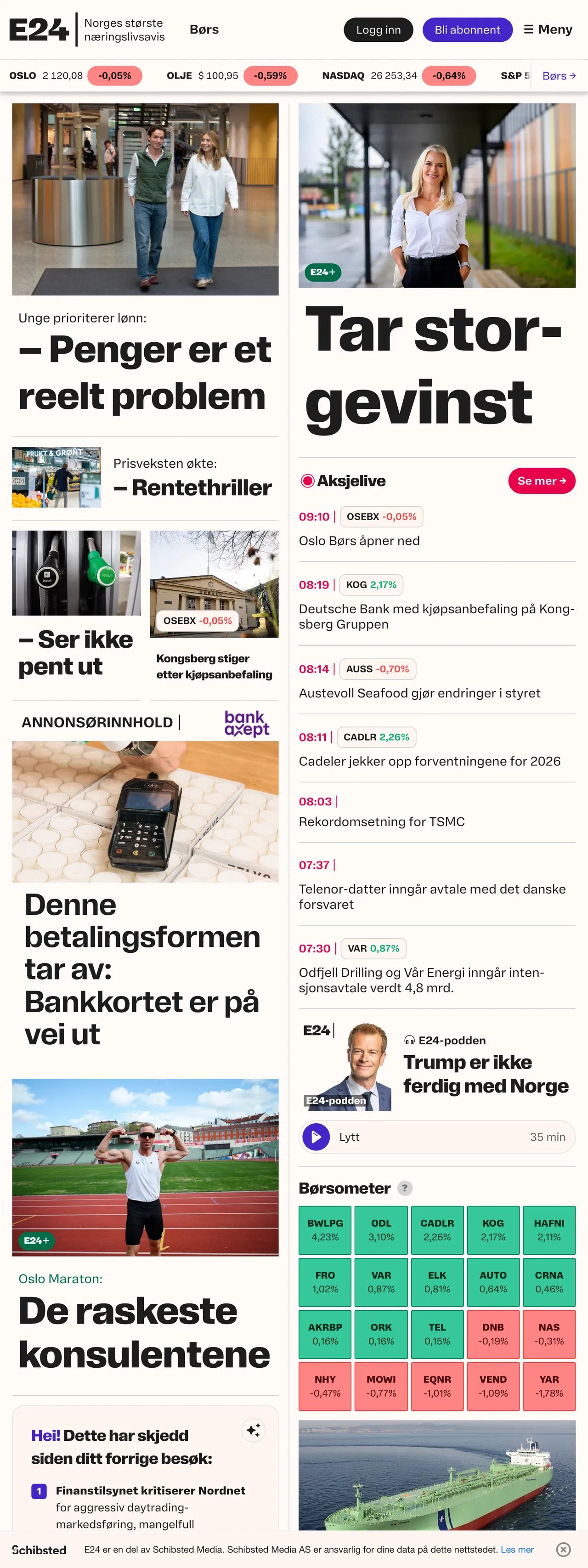 Screenshot of the E24 front page