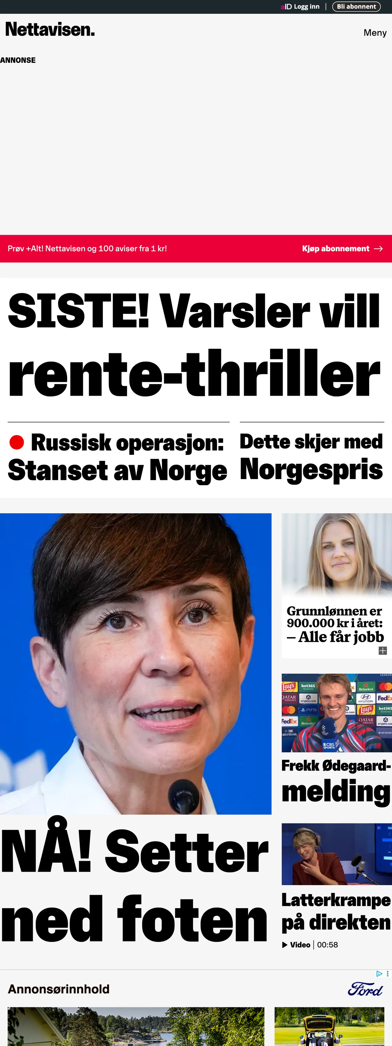 Screenshot of the Nettavisen front page