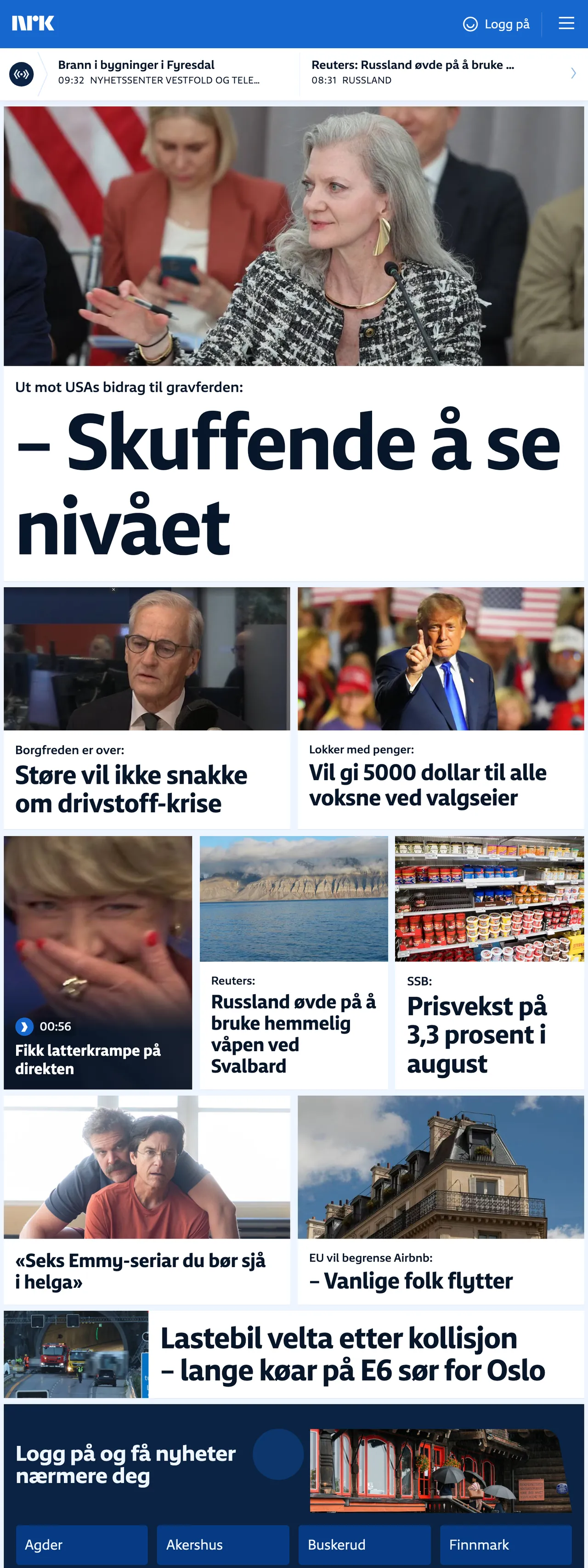 Screenshot of the NRK front page