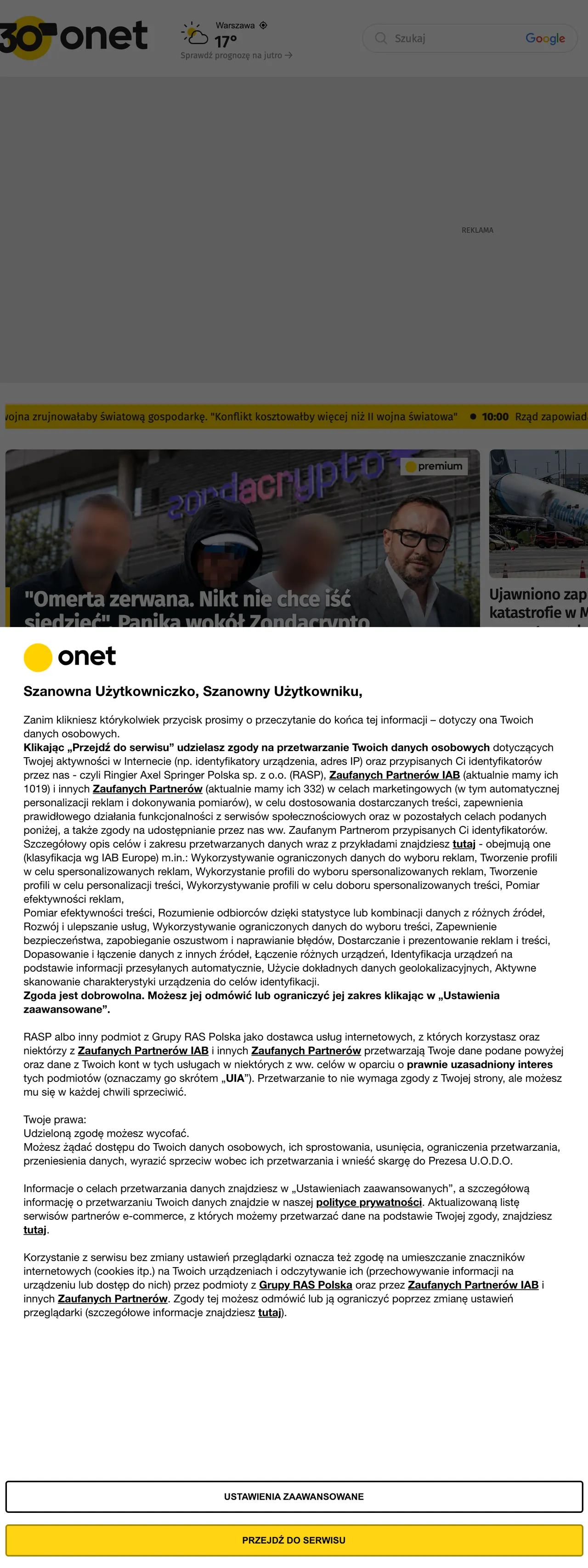 Screenshot of the Onet front page