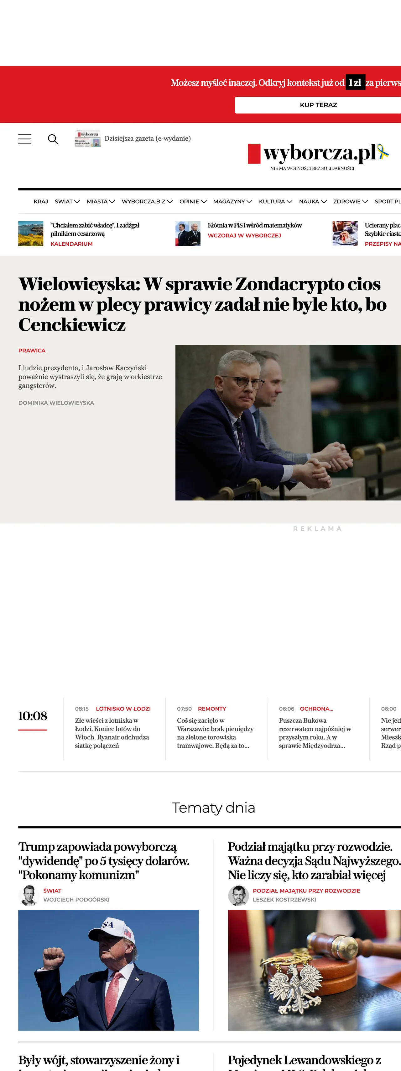 Screenshot of the Wyborcza front page