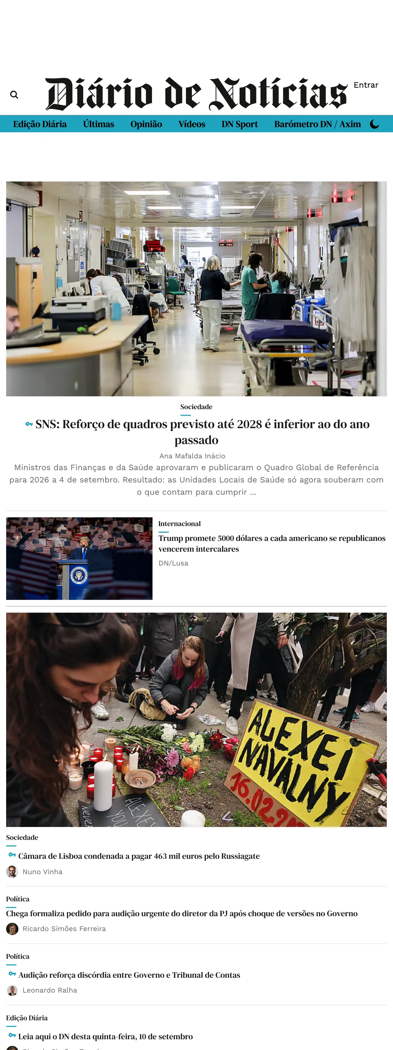 Screenshot of the Diário de Notícias front page