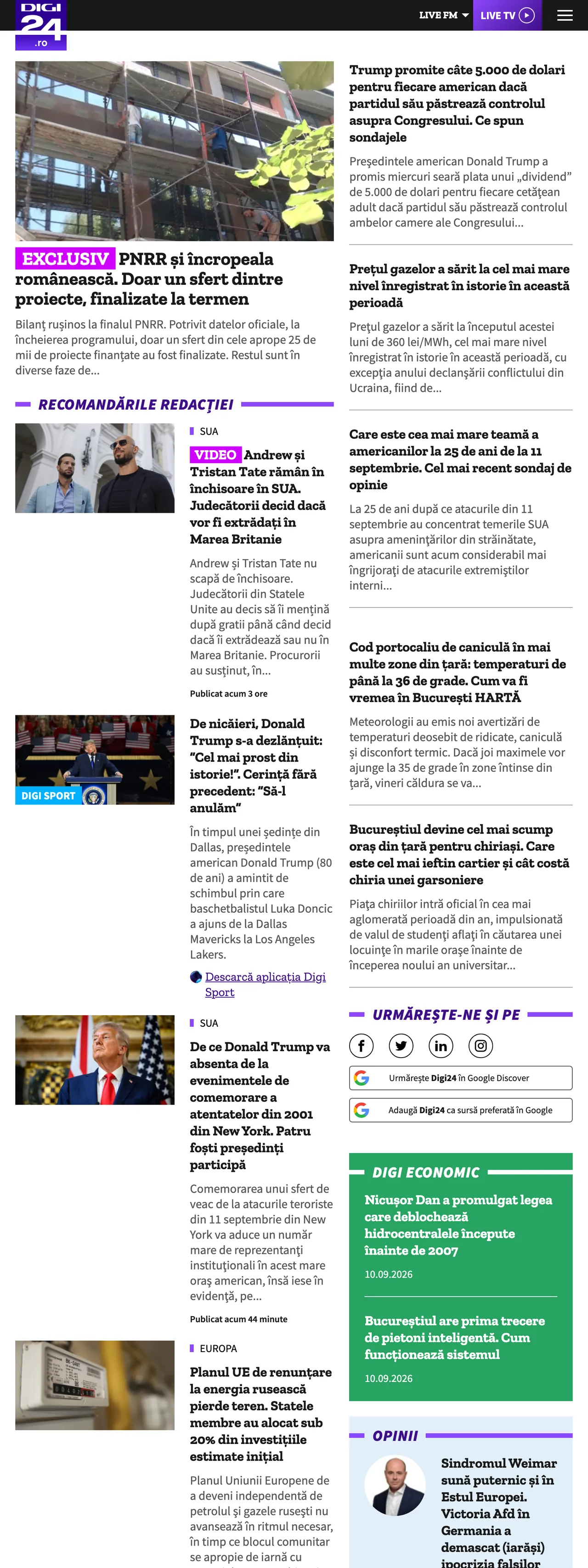 Screenshot of the Digi24 front page