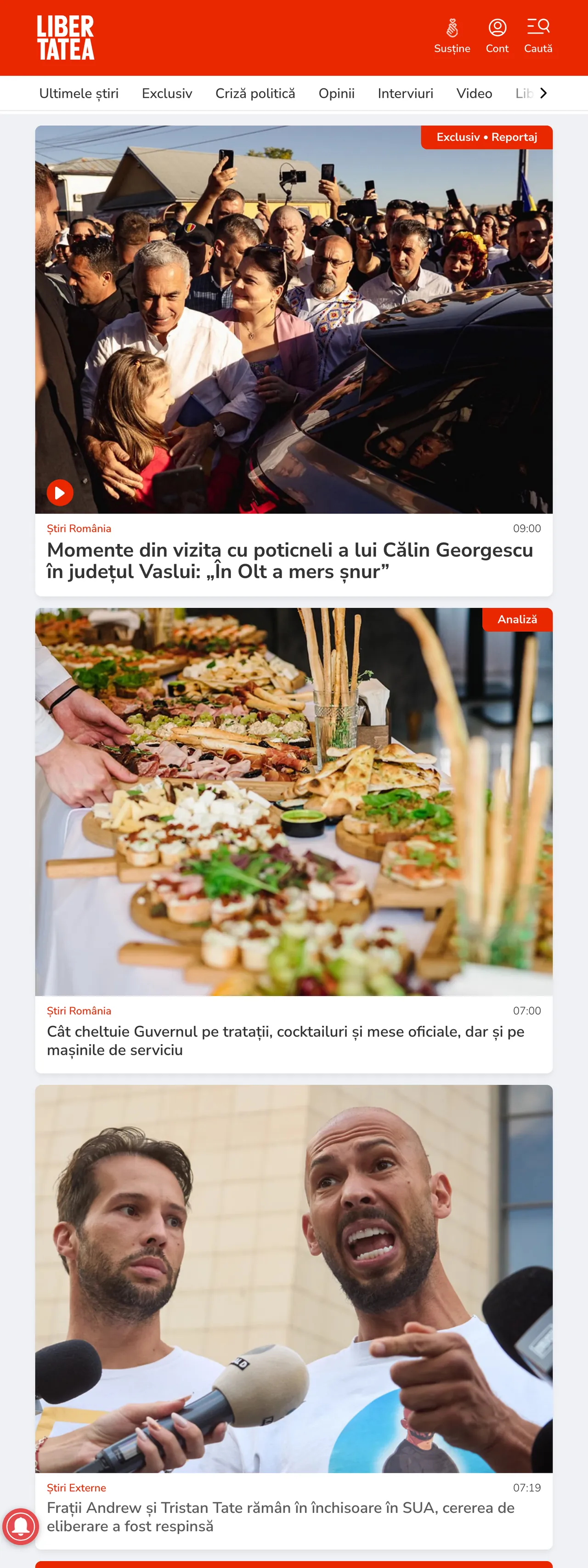 Screenshot of the Libertatea front page