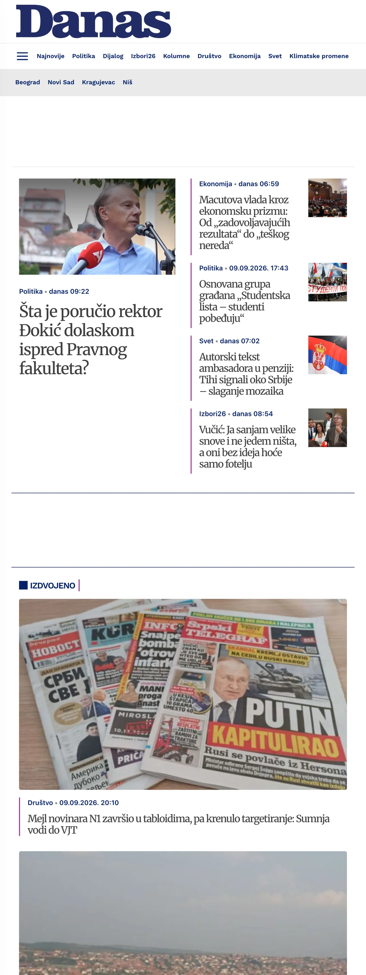 Screenshot of the Danas front page
