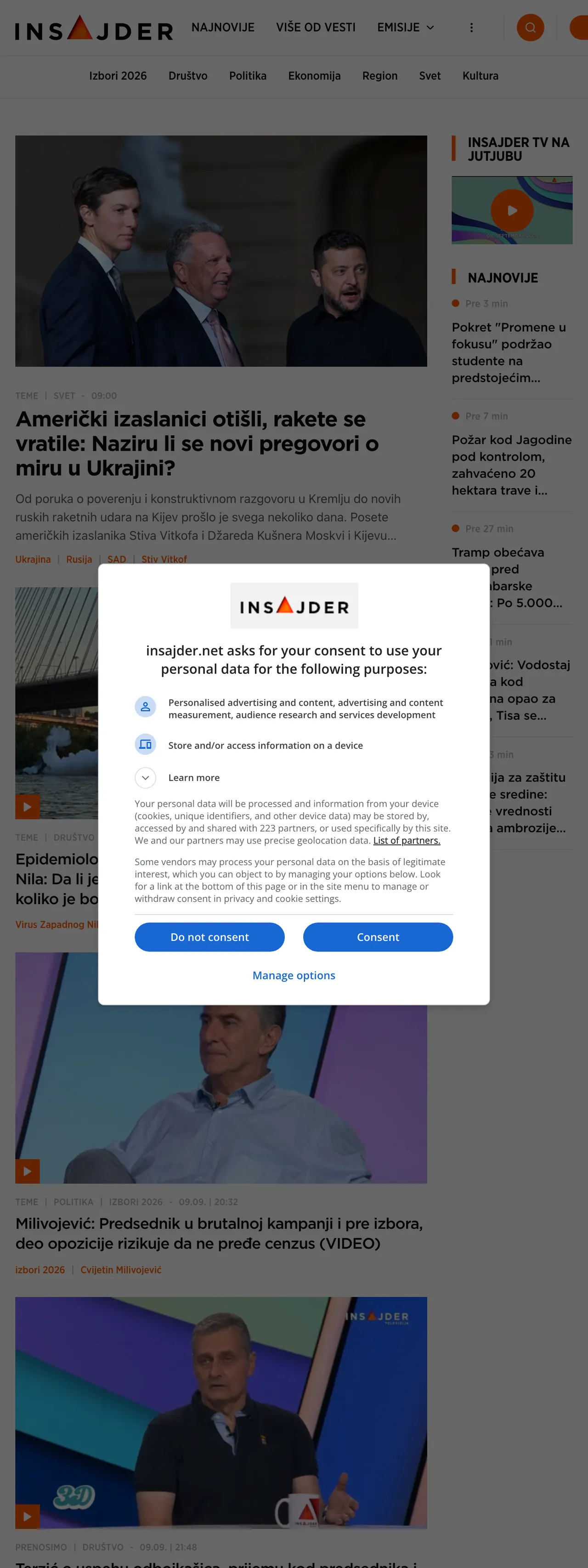 Screenshot of the Insajder front page
