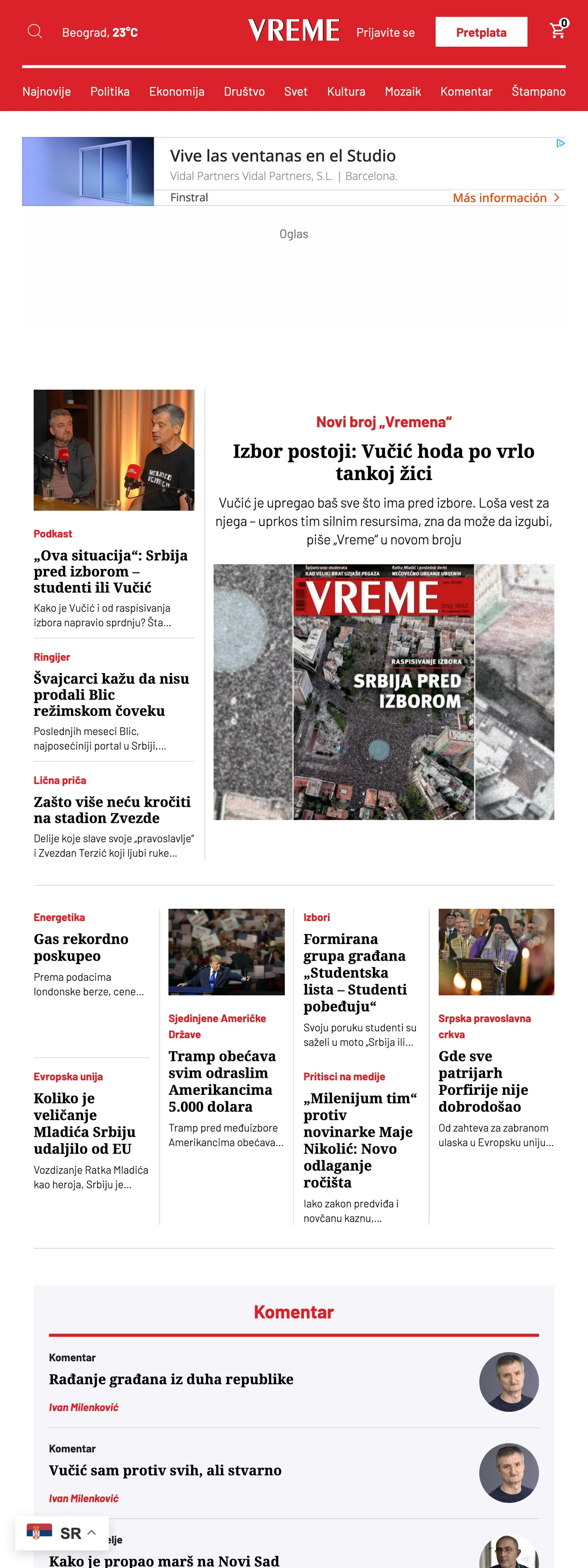 Screenshot of the Vreme front page