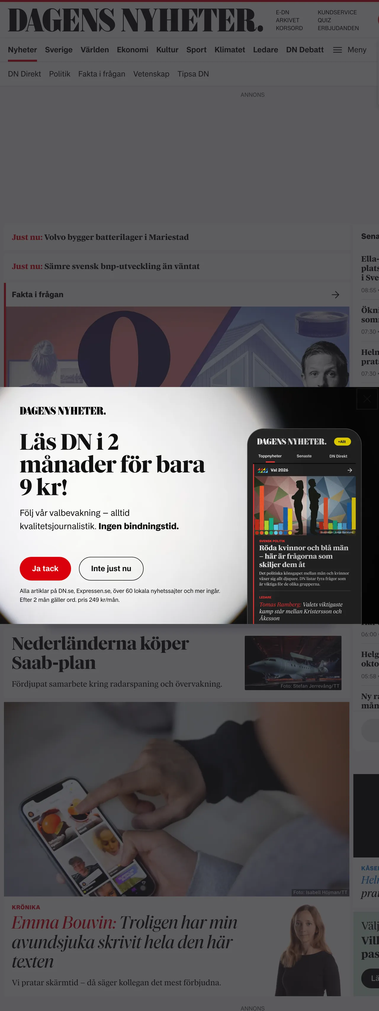 Screenshot of the Dagens Nyheter front page