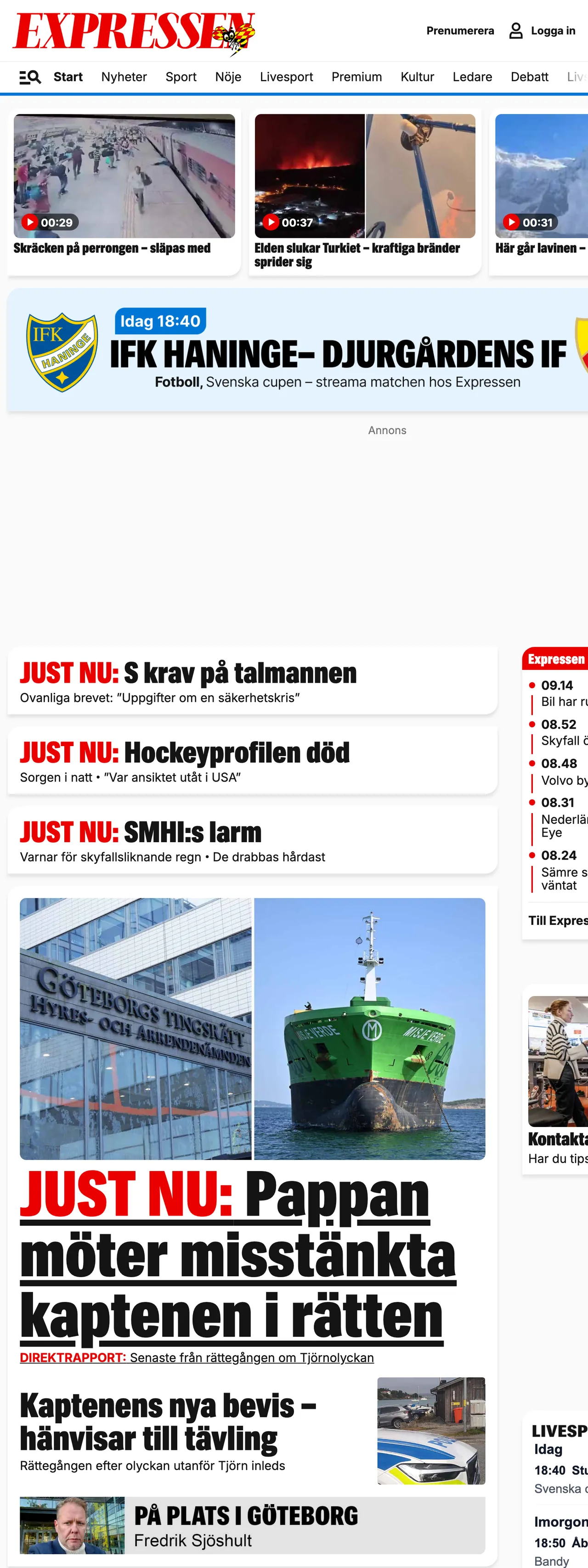 Screenshot of the Expressen front page