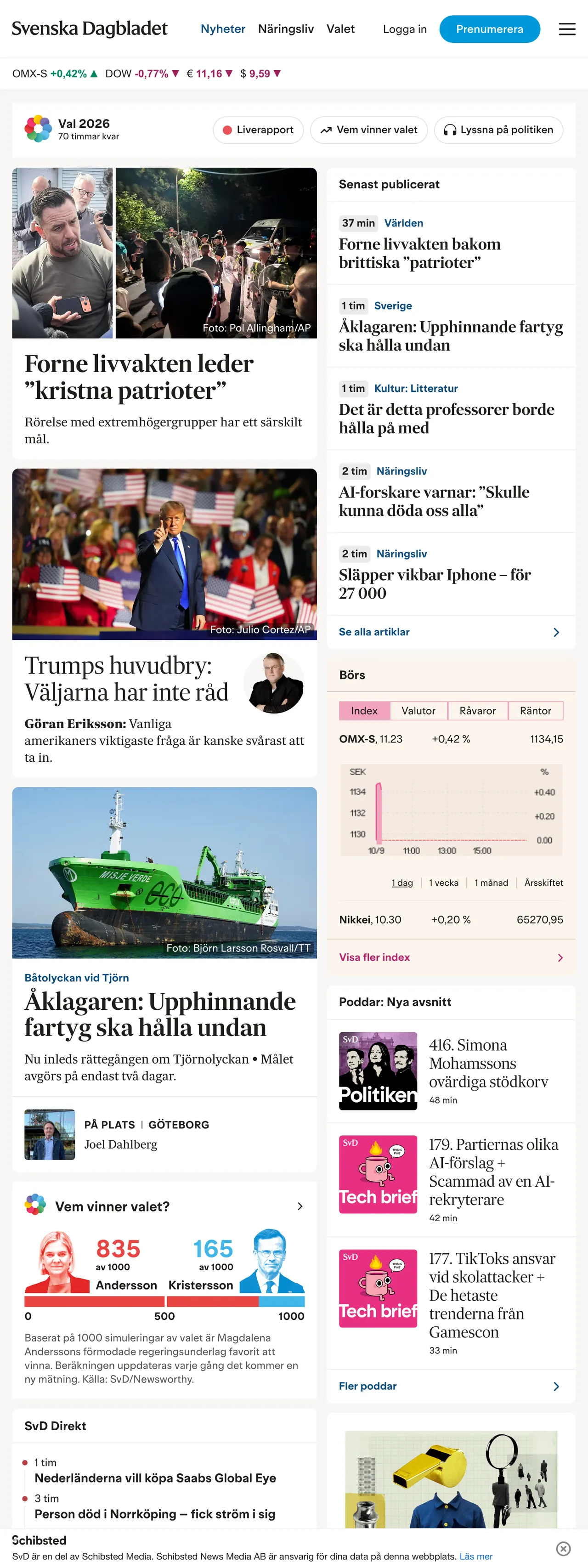 Screenshot of the Svenska Dagbladet front page