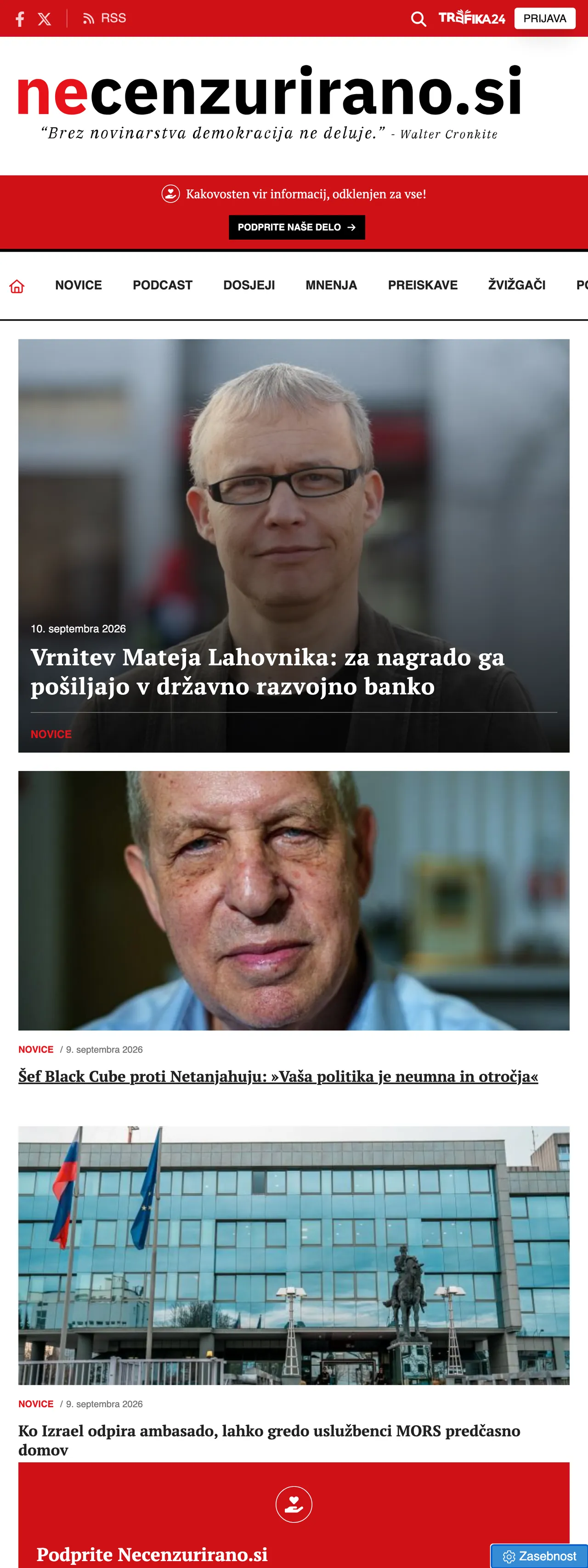 Screenshot of the Necenzurirano front page