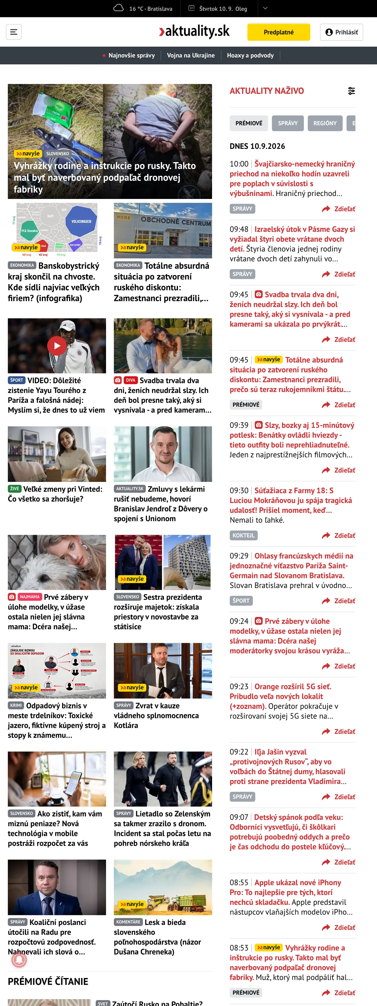 Screenshot of the Aktuality.sk front page