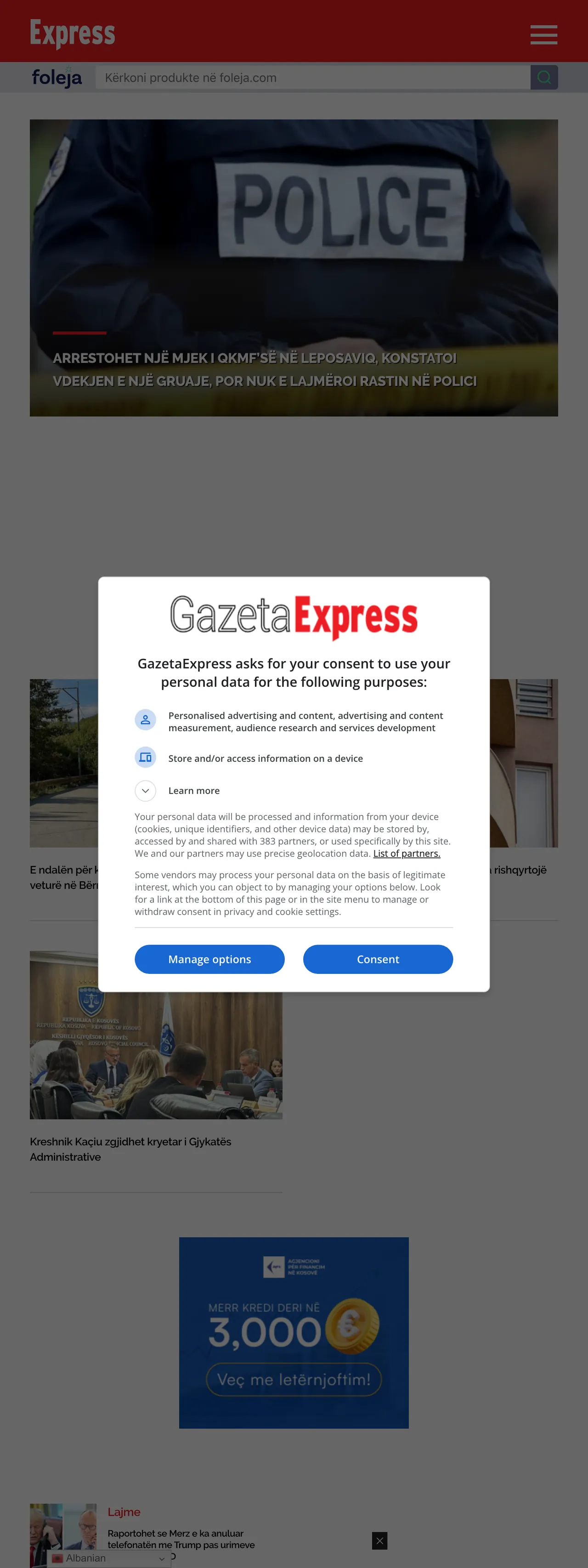 Screenshot of the Gazeta Express front page