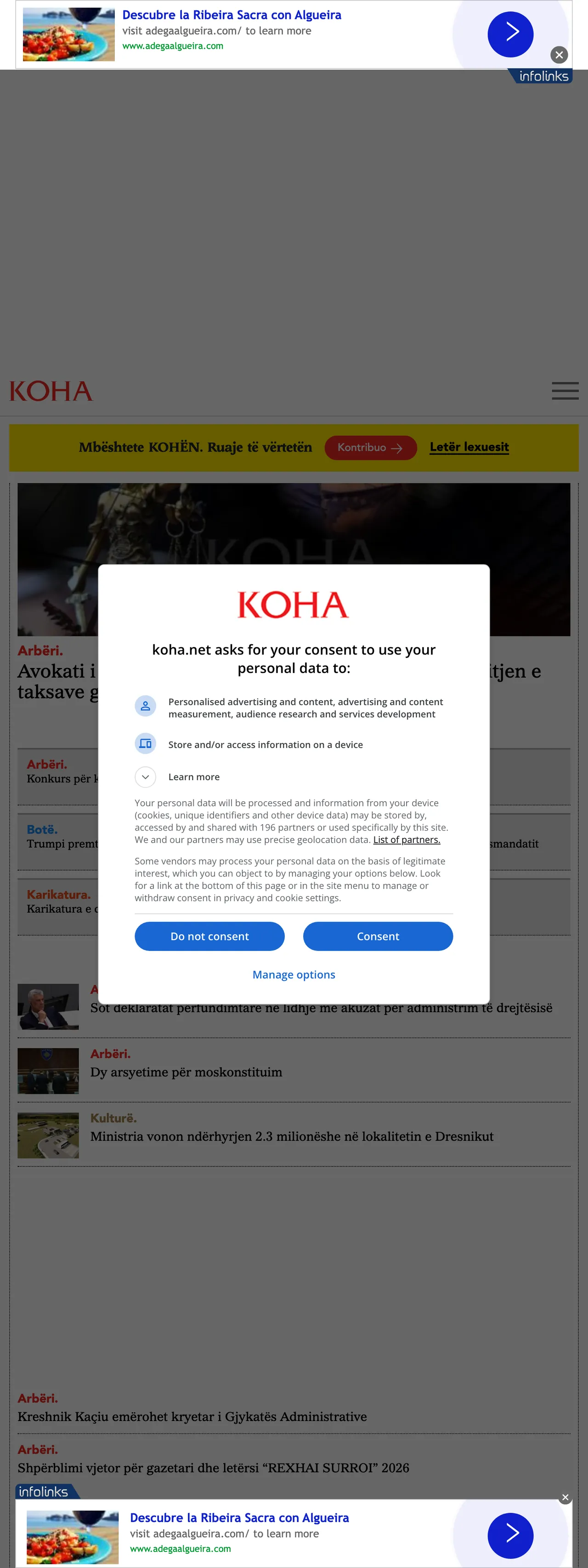 Screenshot of the Koha Ditore front page