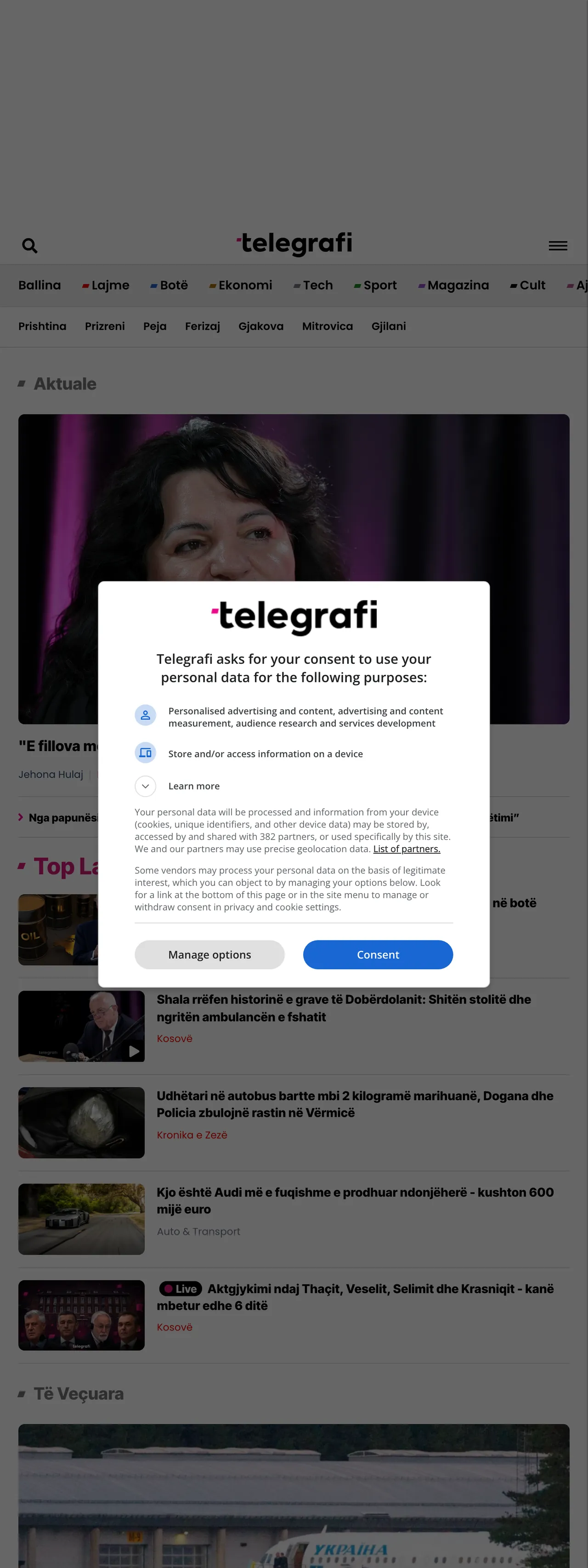 Screenshot of the Telegrafi front page