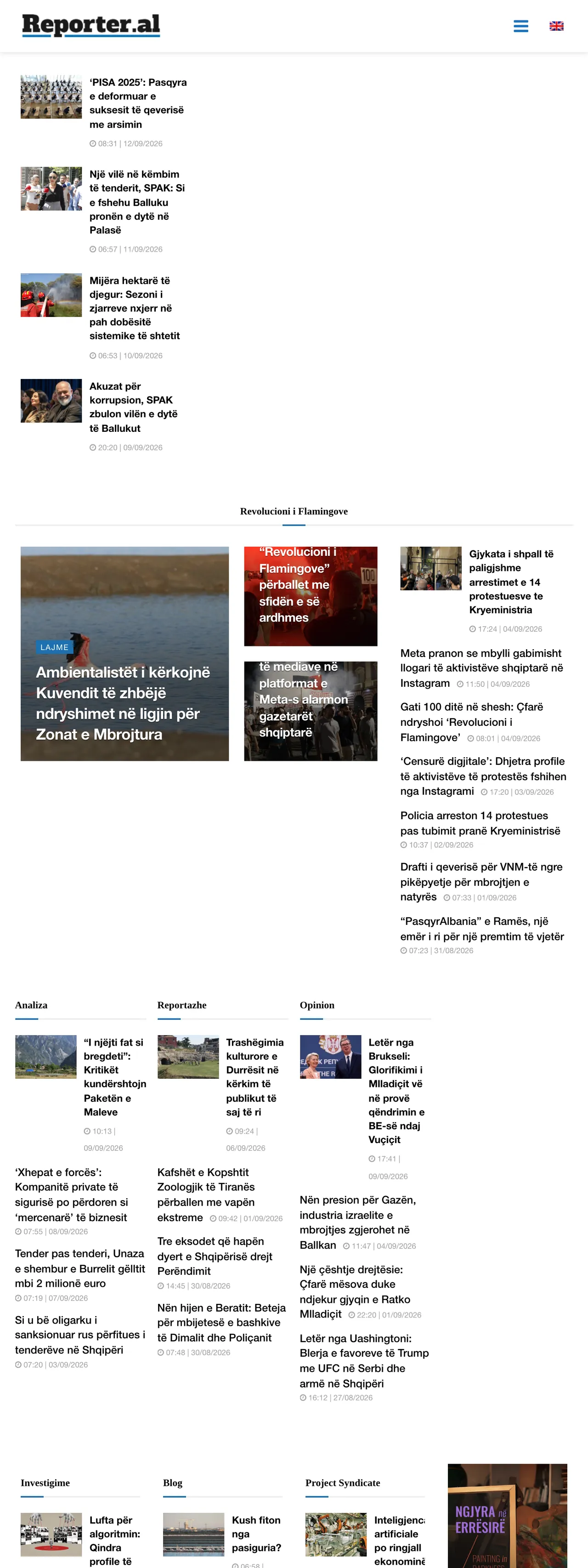 Screenshot of the Reporter.al front page
