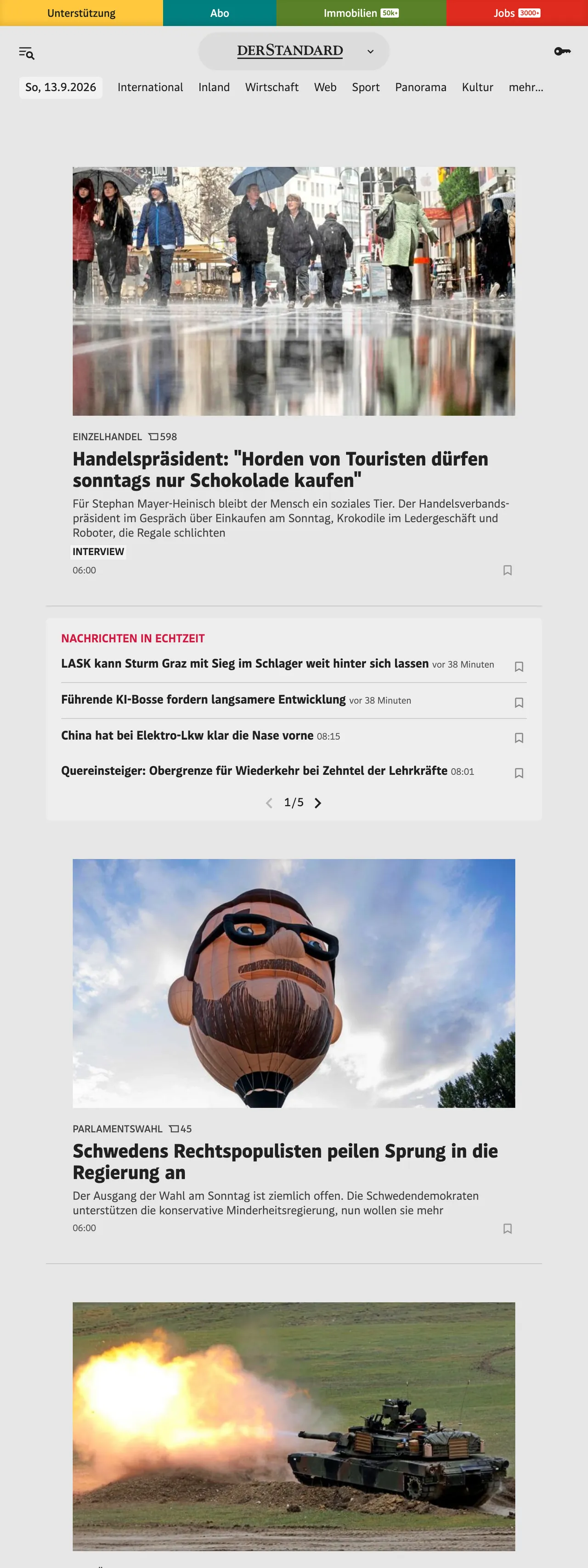 Screenshot of the DER STANDARD front page