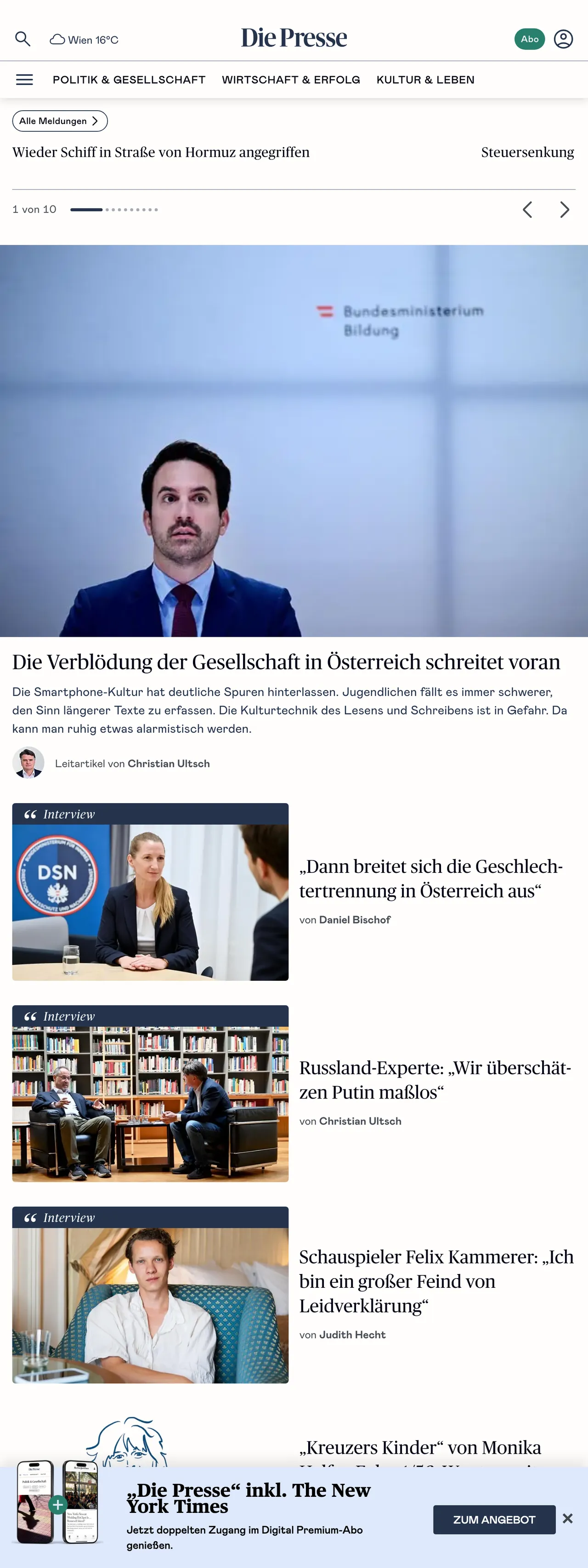 Screenshot of the Die Presse front page