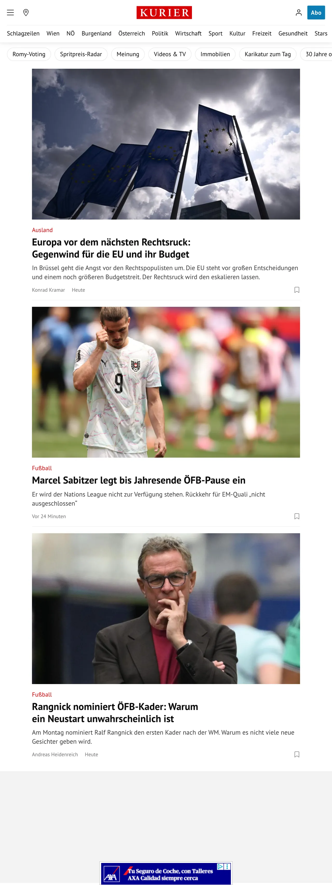 Screenshot of the Kurier front page