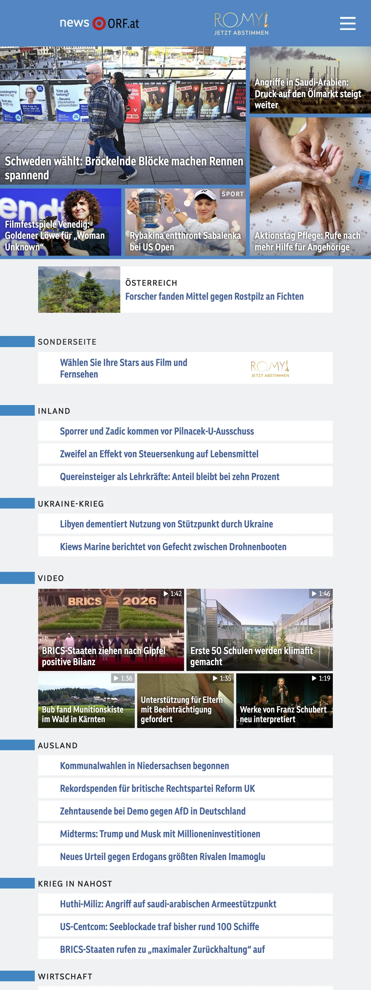 Screenshot of the ORF front page