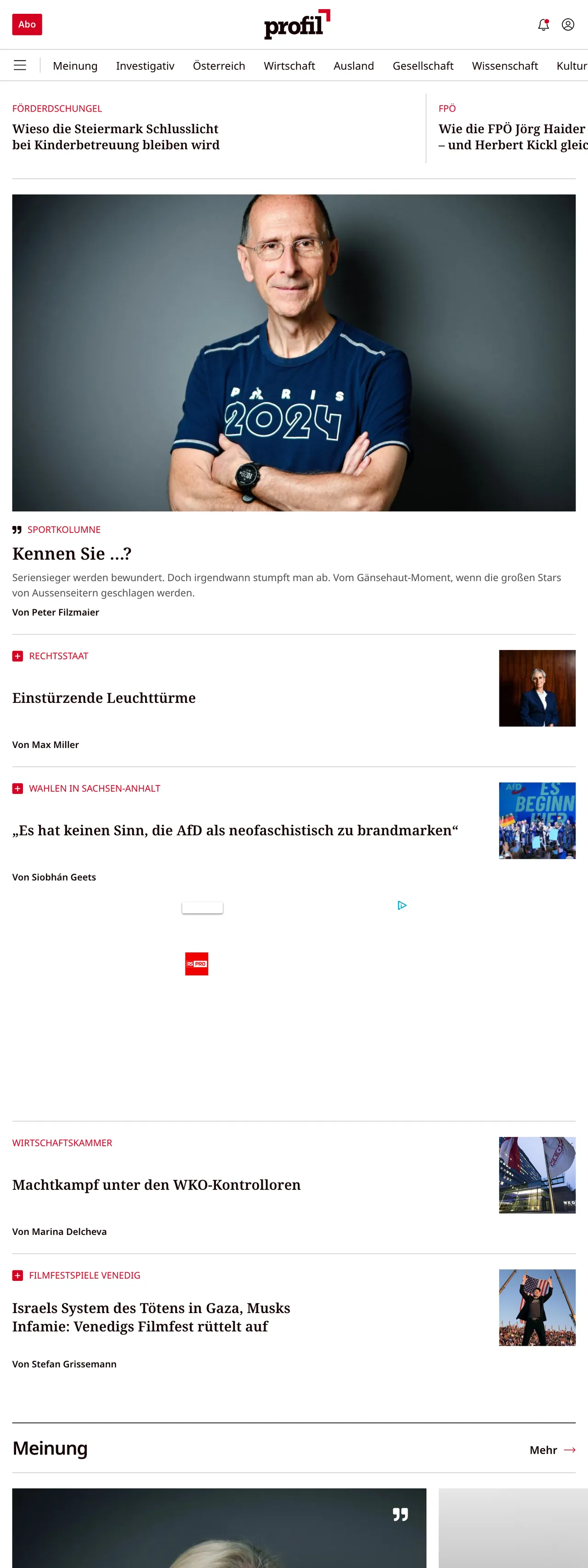 Screenshot of the profil front page