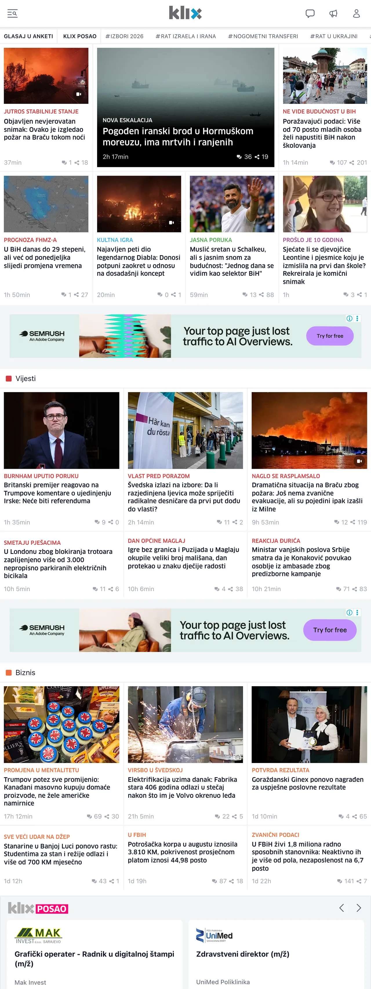Screenshot of the Klix.ba front page