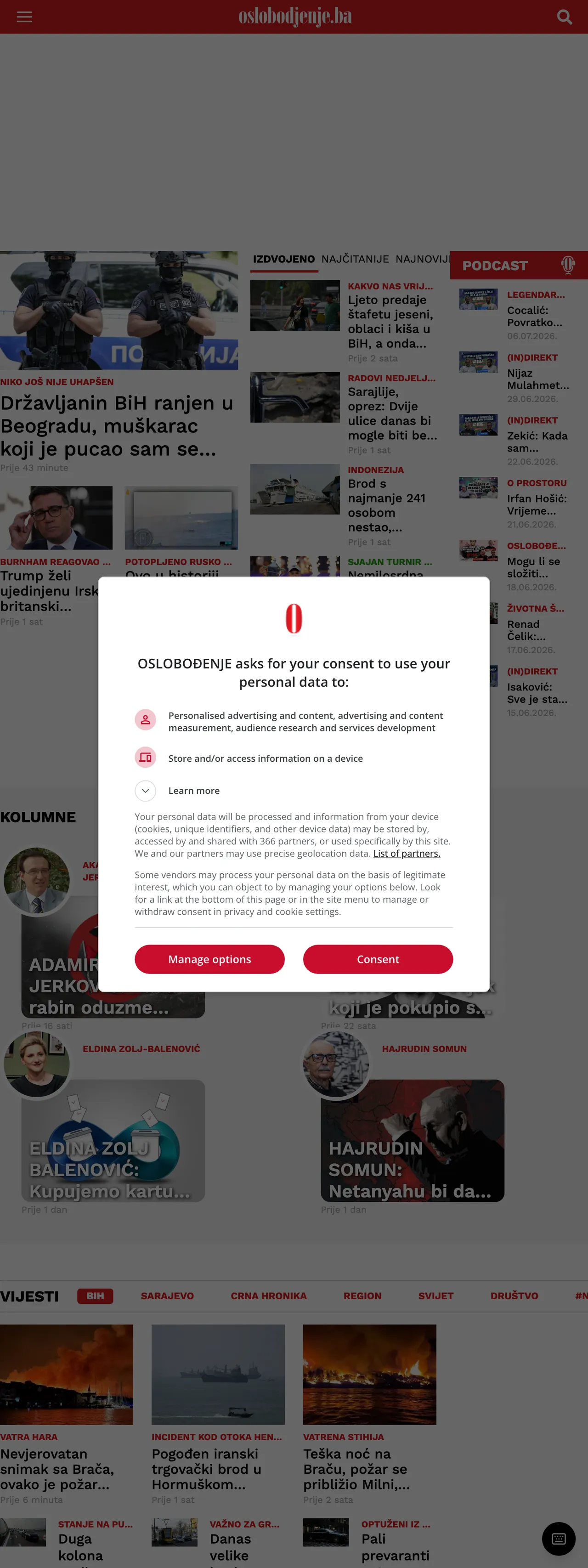 Screenshot of the Oslobođenje front page
