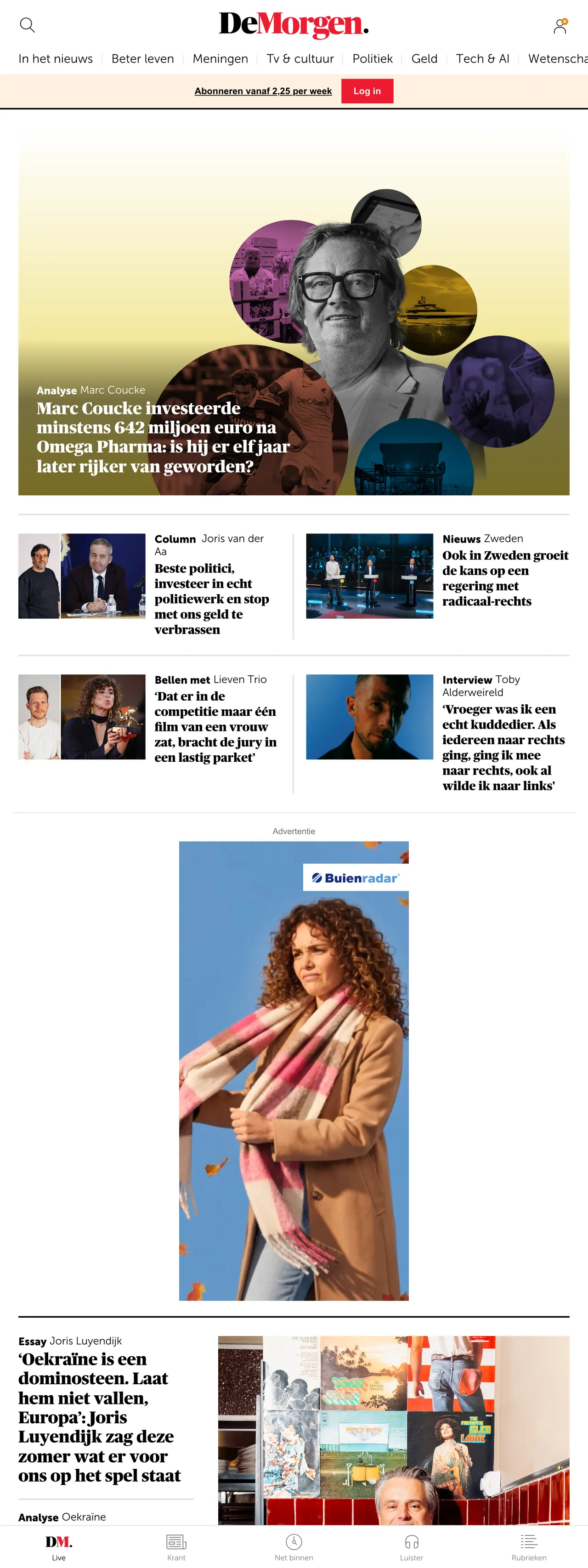 Screenshot of the De Morgen front page