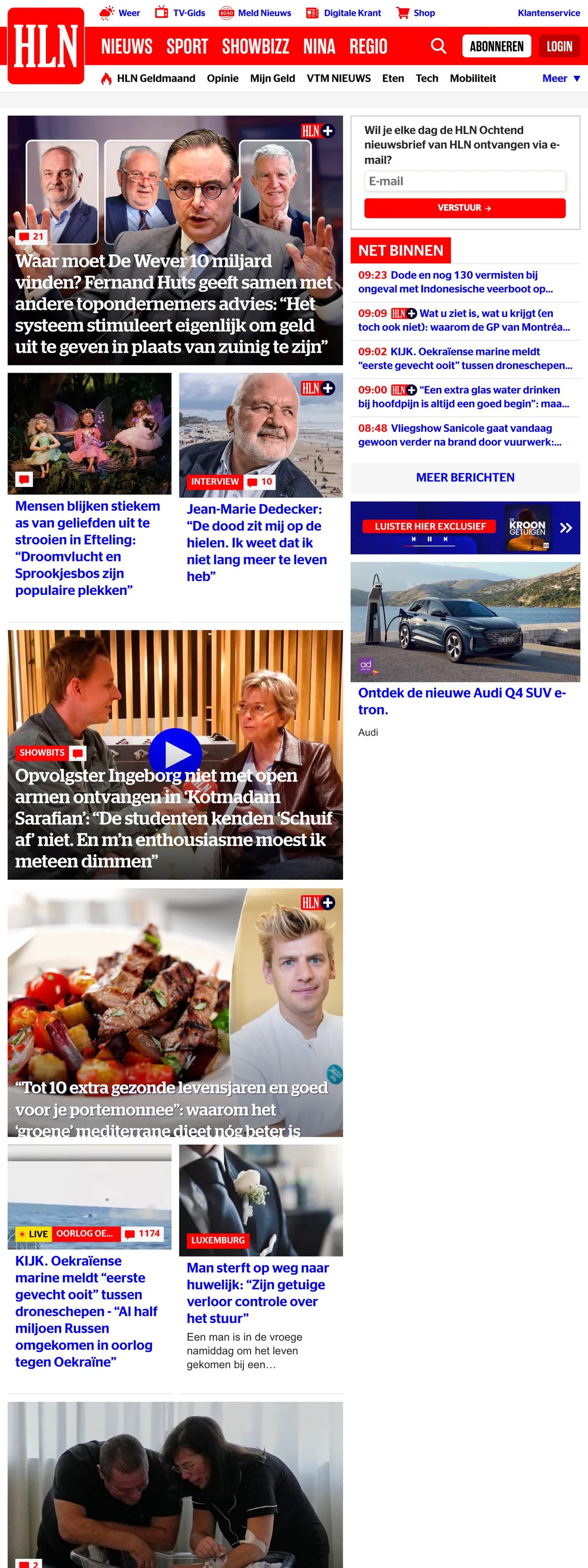 Screenshot of the HLN front page