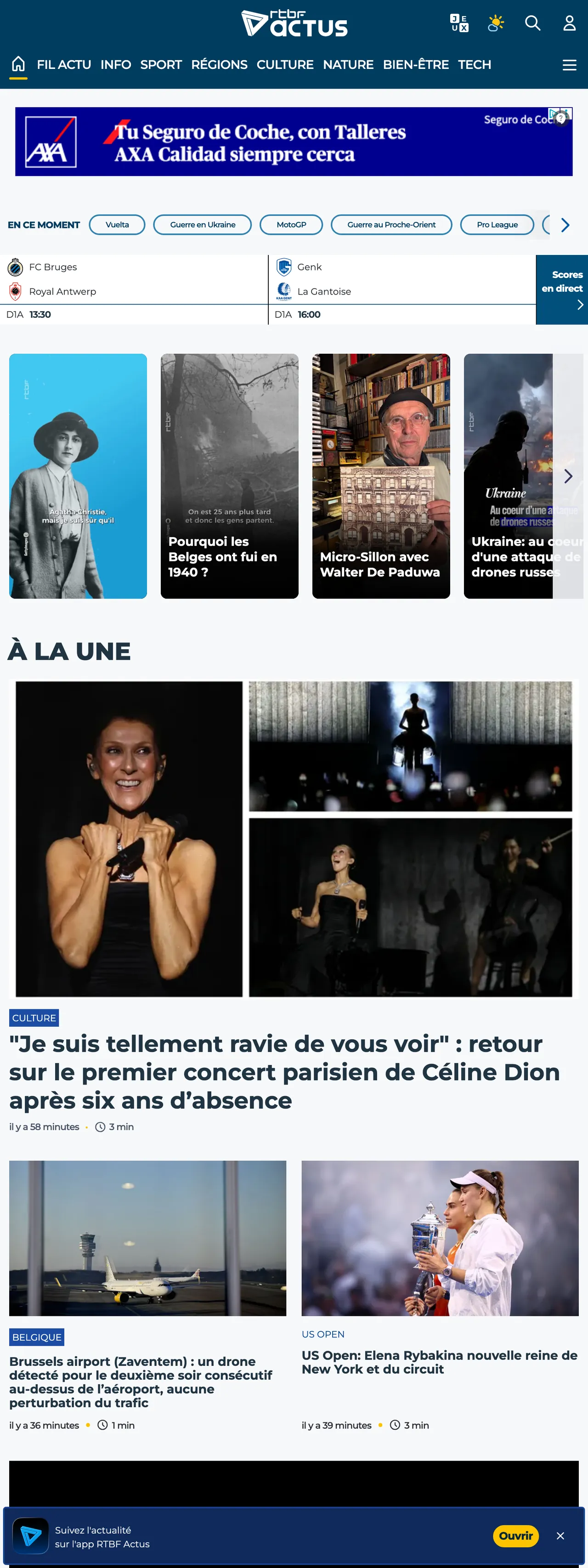 Screenshot of the RTBF front page