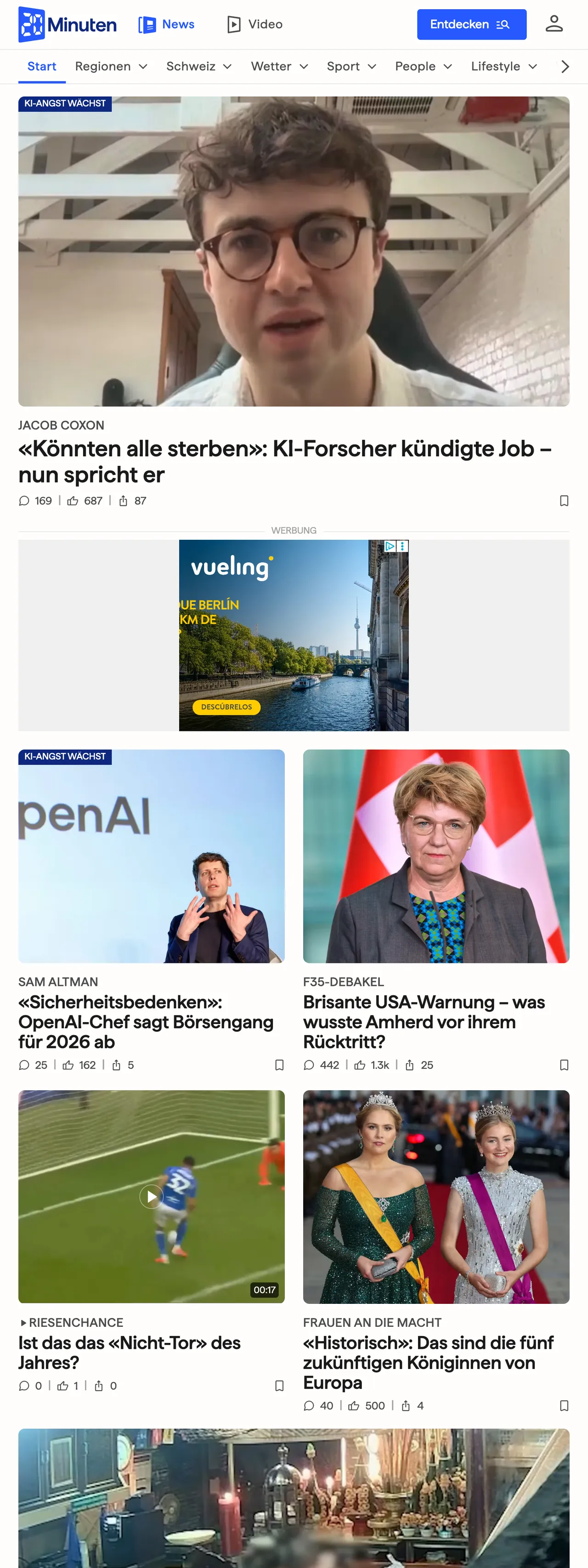 Screenshot of the 20 Minuten front page