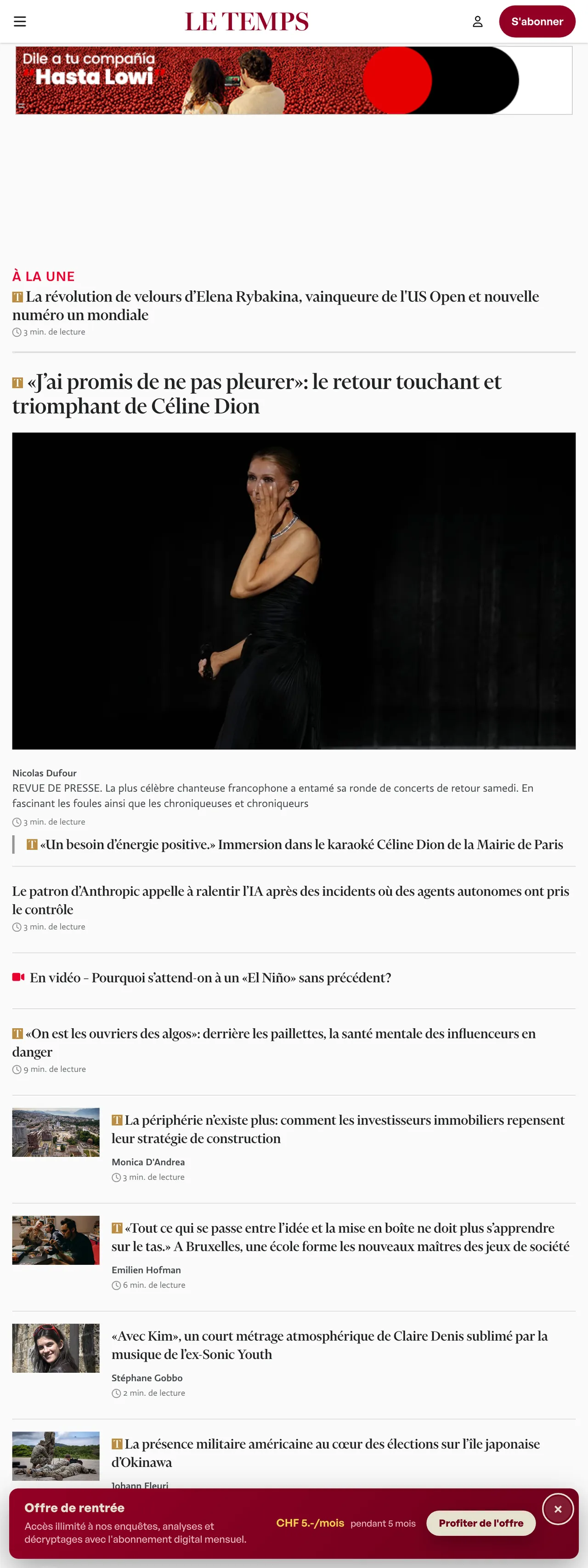 Screenshot of the Le Temps front page