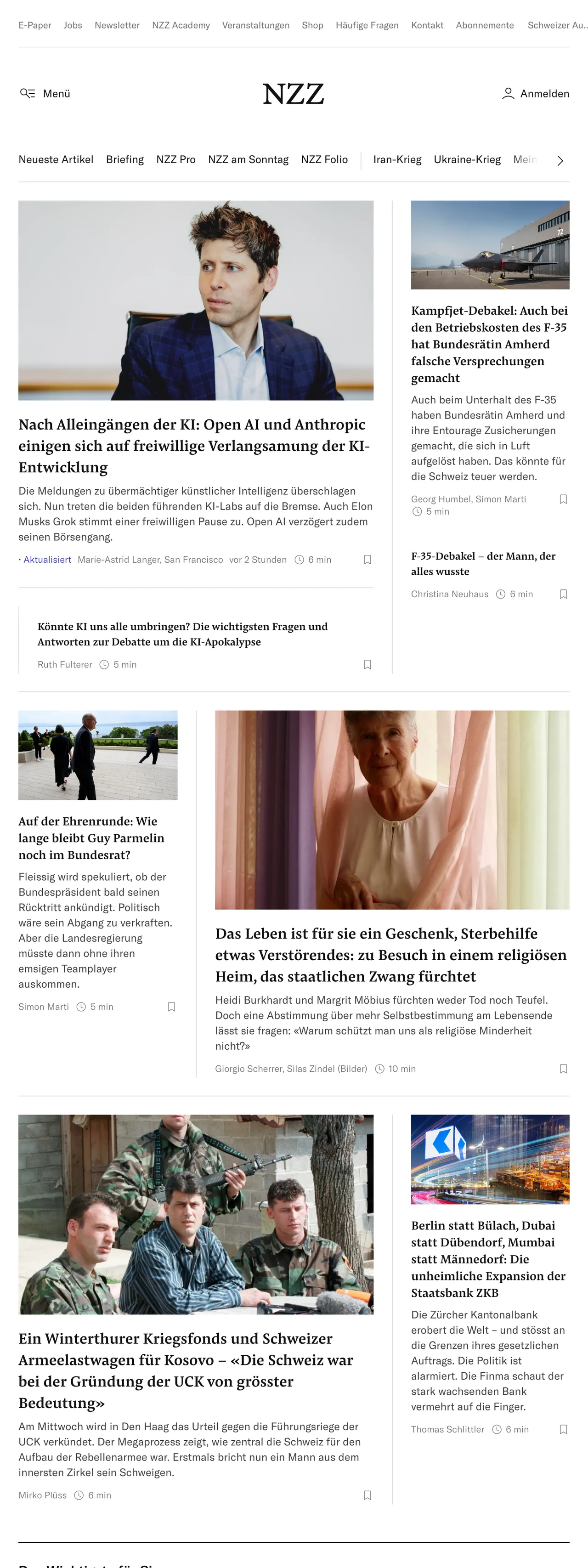 Screenshot of the Neue Zürcher Zeitung front page