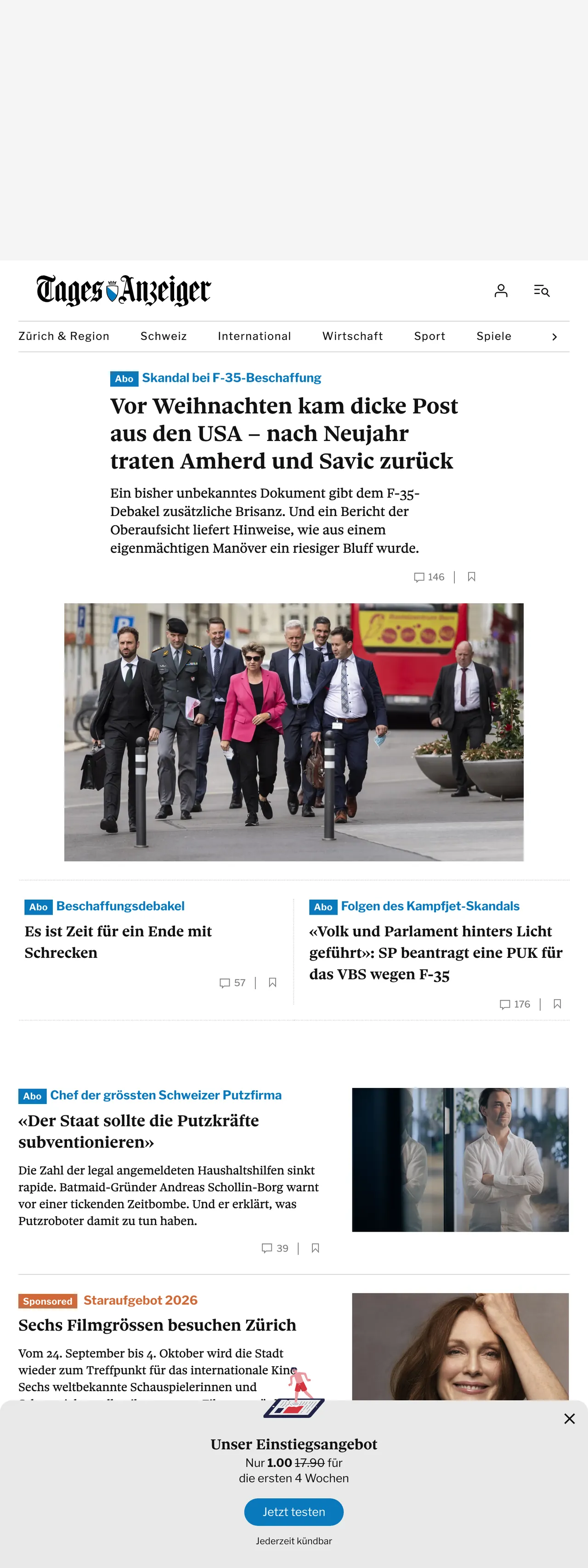 Screenshot of the Tages-Anzeiger front page