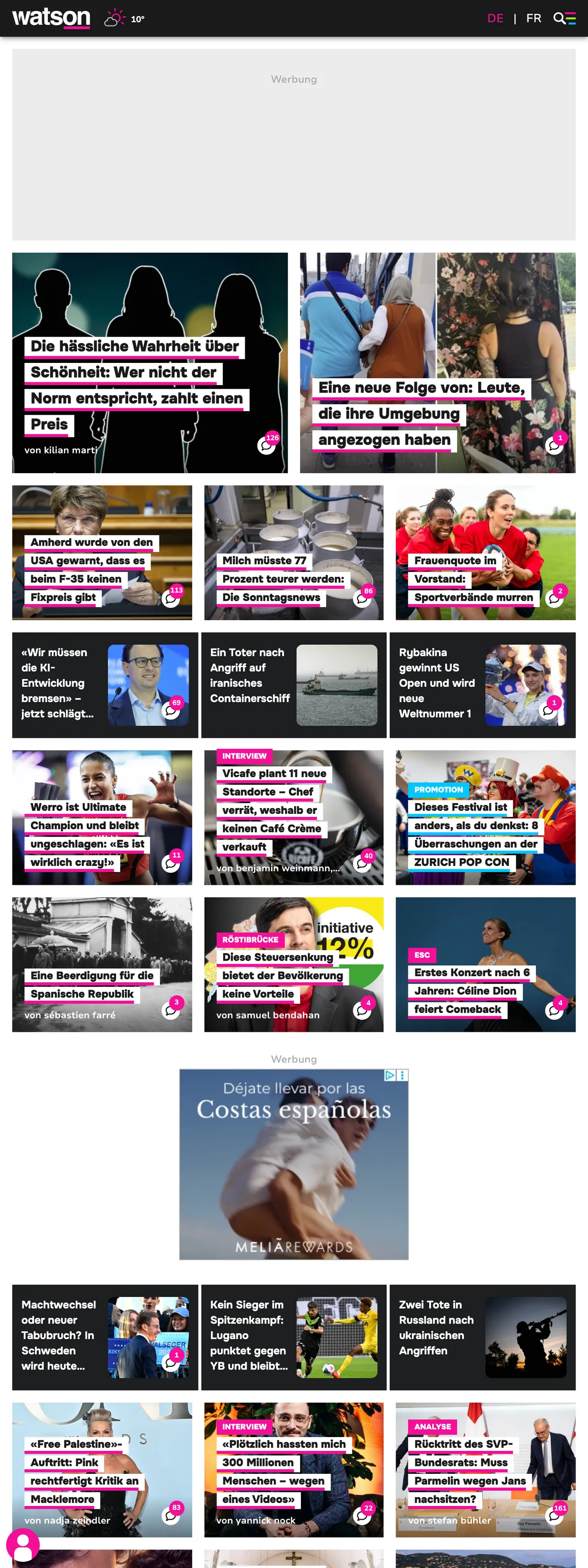Screenshot of the watson front page