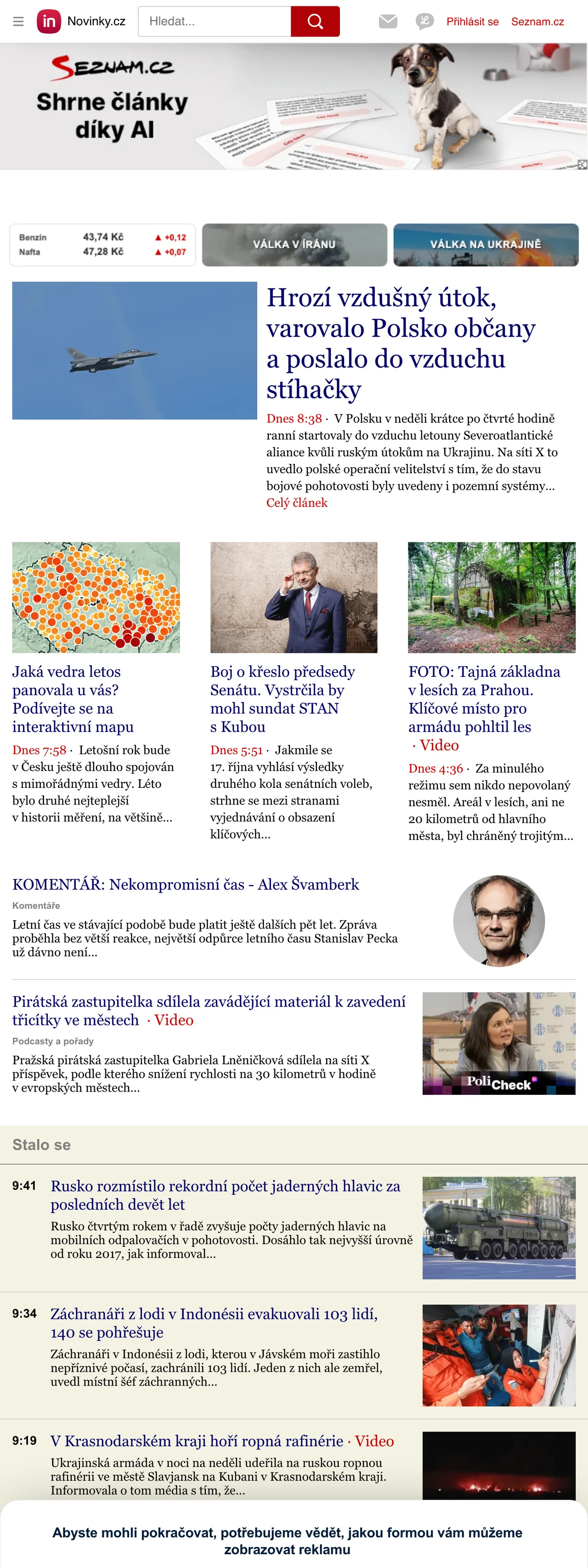 Screenshot of the Novinky.cz front page