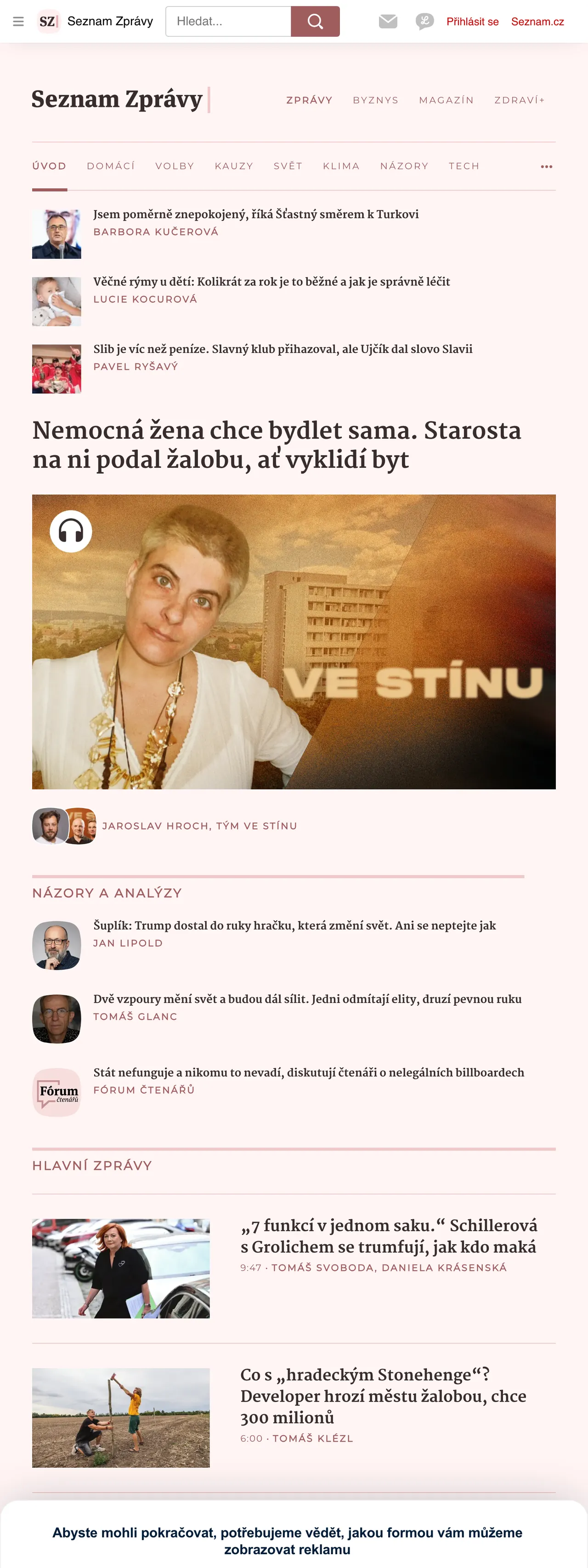 Screenshot of the Seznam Zprávy front page