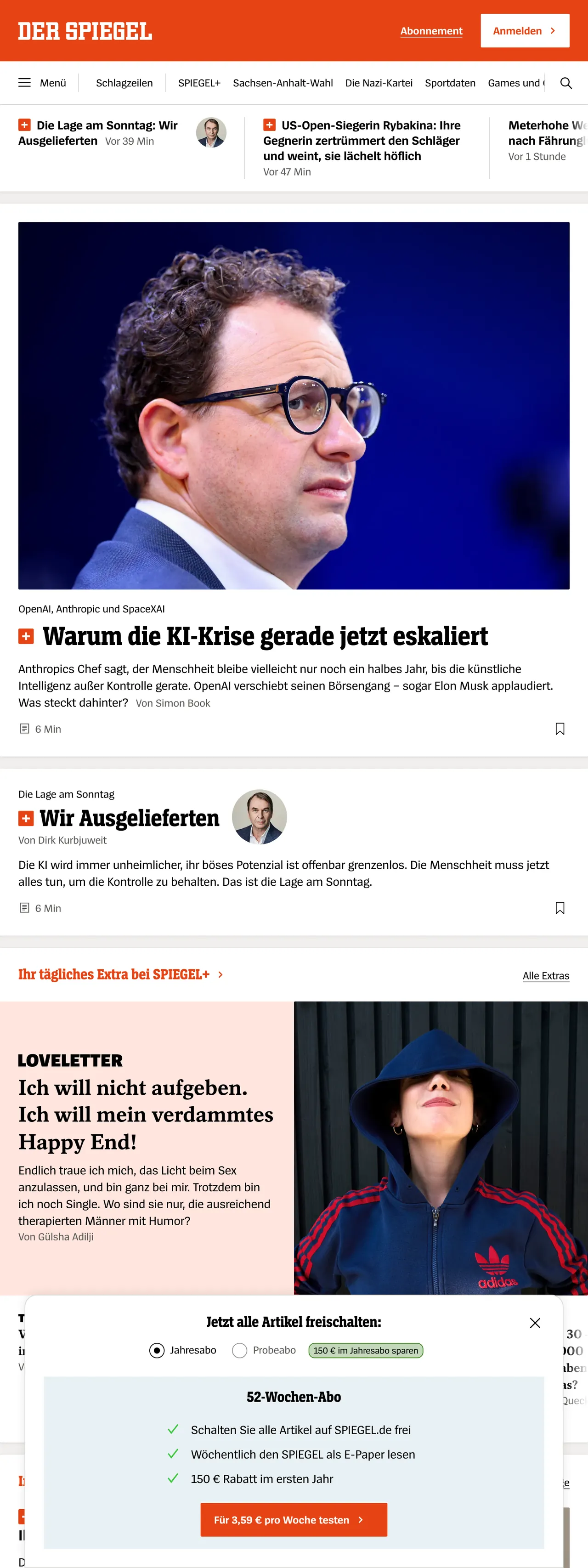 Screenshot of the DER SPIEGEL front page