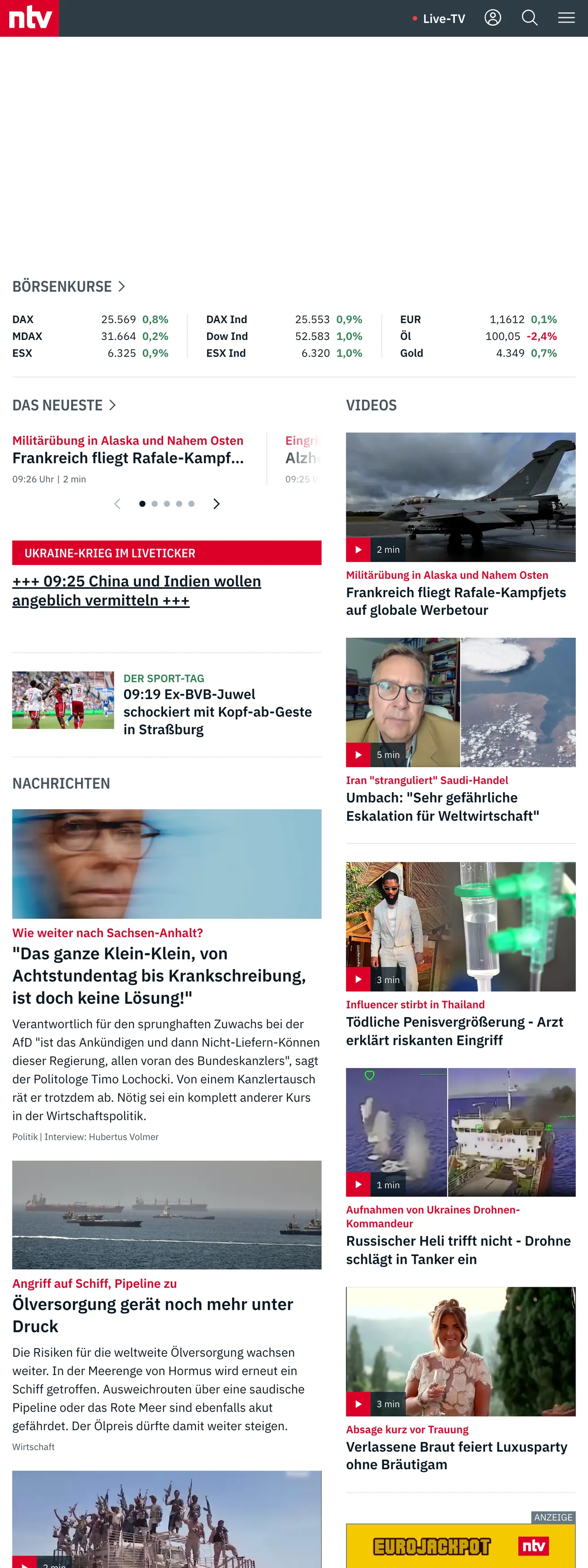 Screenshot of the n-tv front page