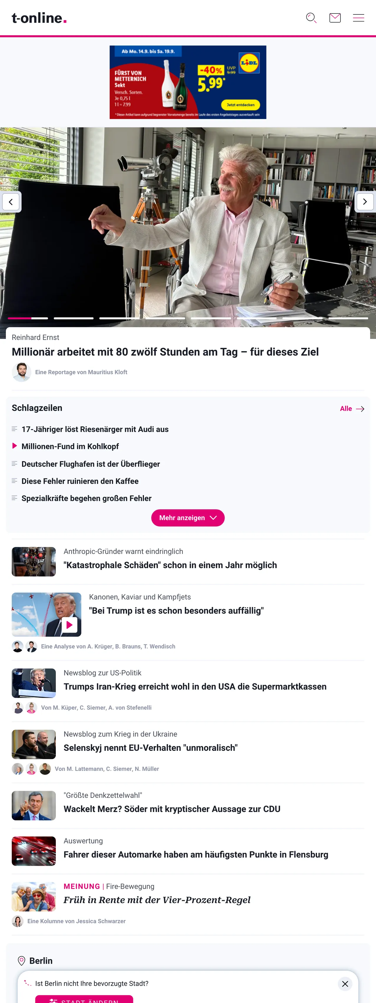 Screenshot of the t-online front page