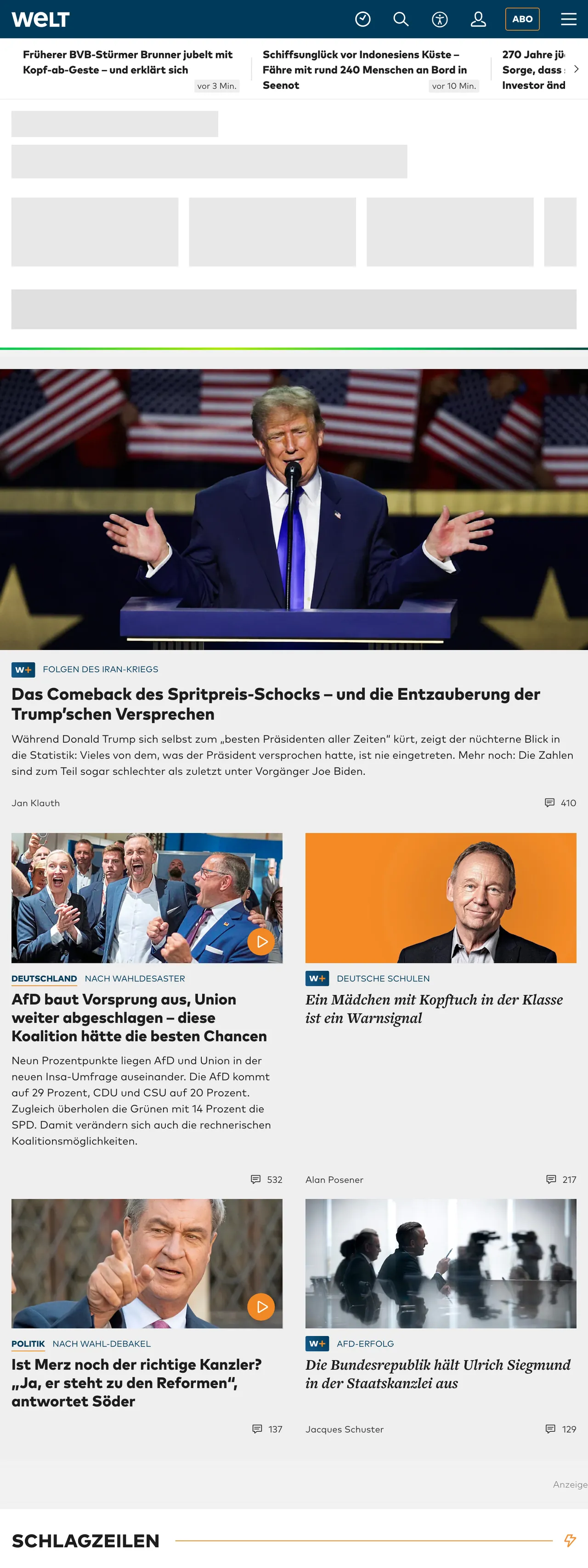 Screenshot of the WELT front page