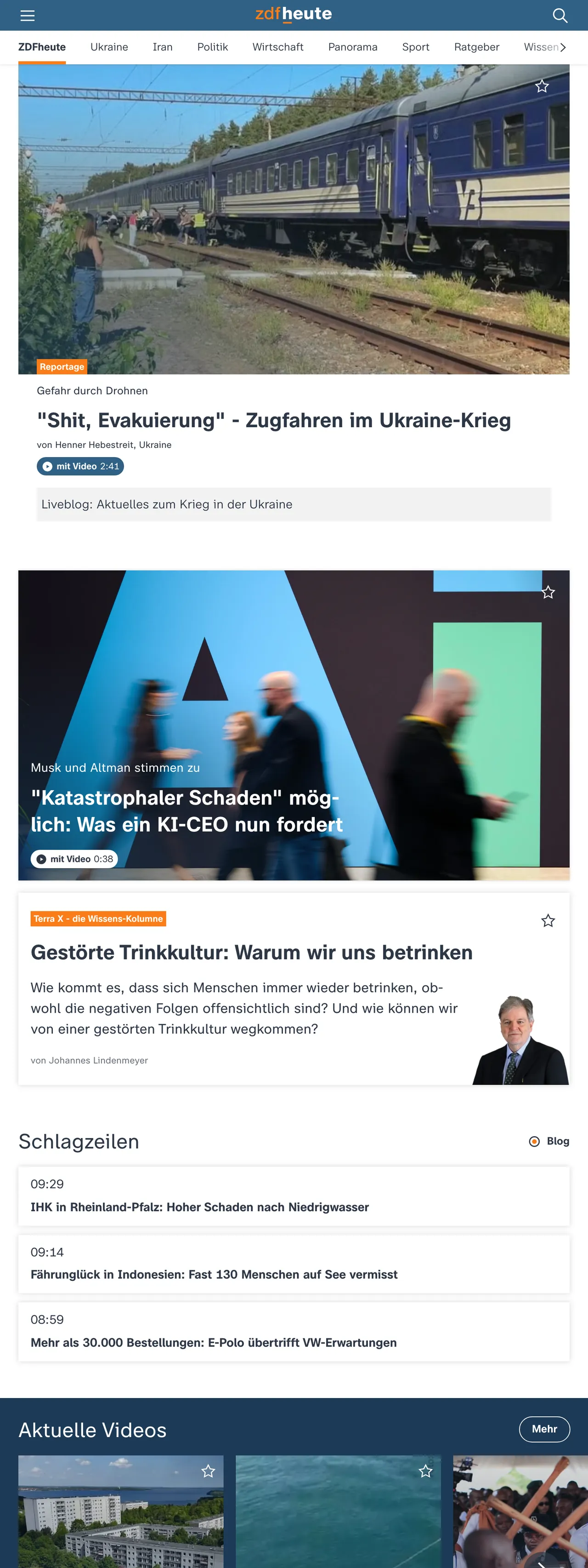 Screenshot of the ZDFheute front page
