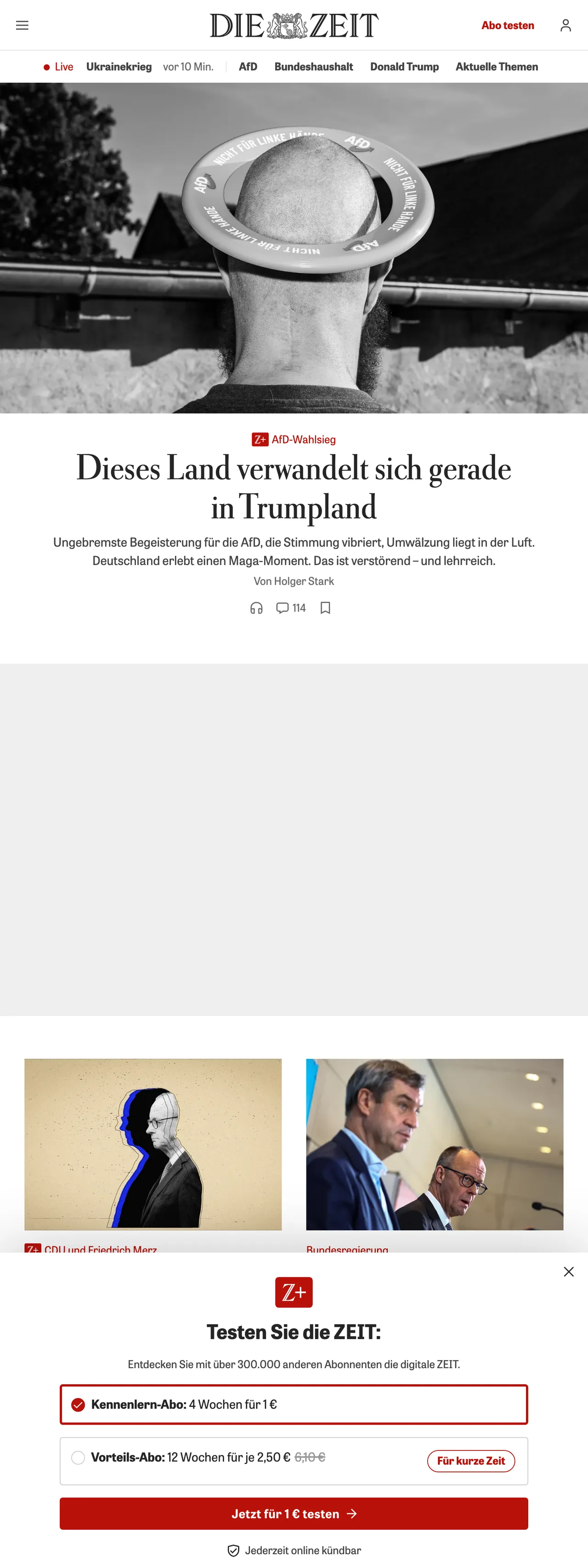 Screenshot of the ZEIT ONLINE front page