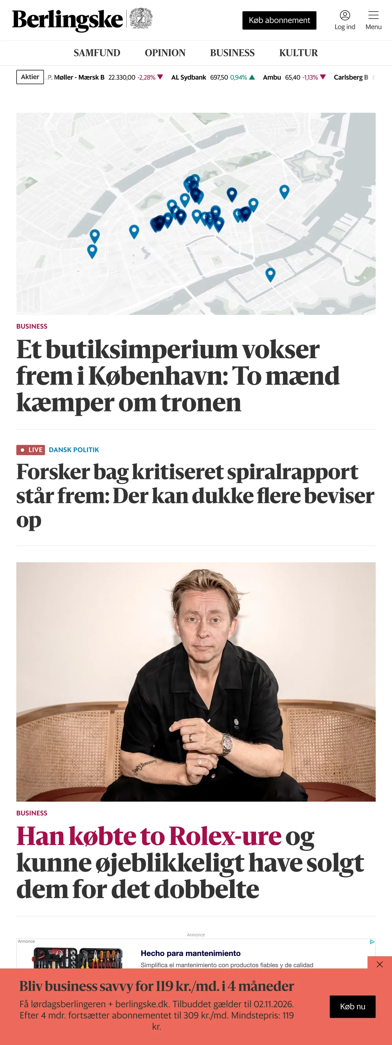 Screenshot of the Berlingske front page