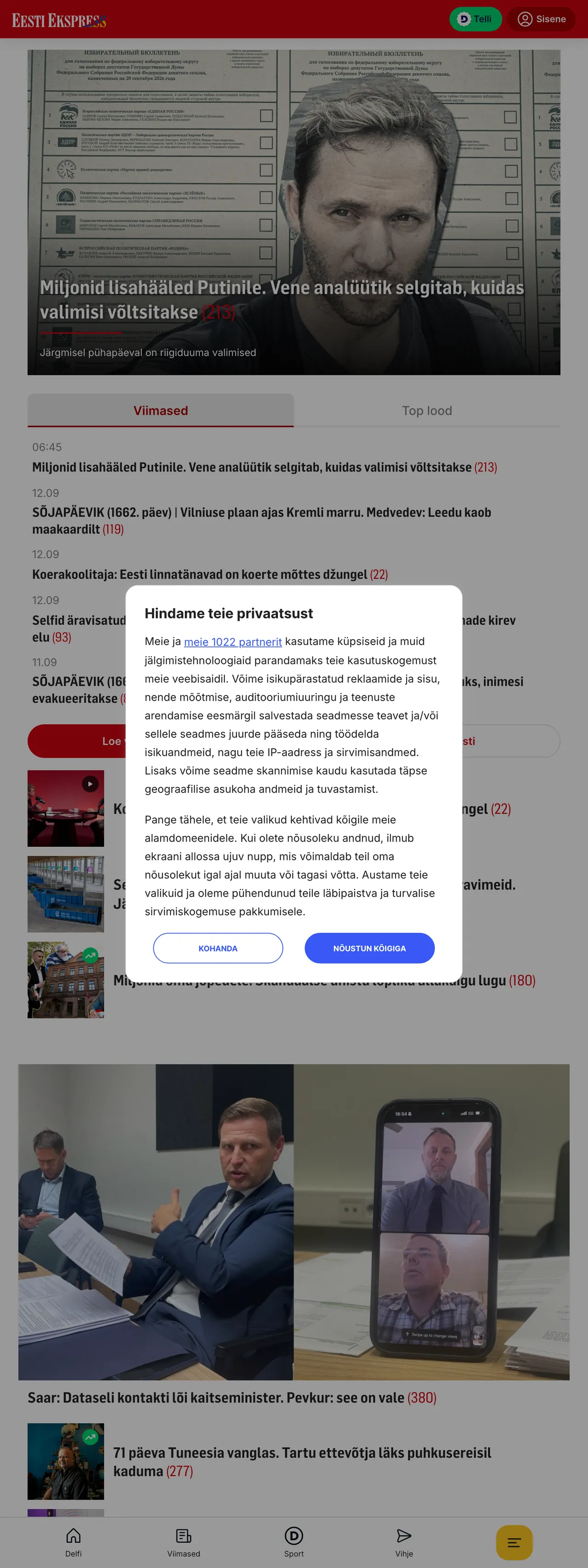 Screenshot of the Eesti Ekspress front page