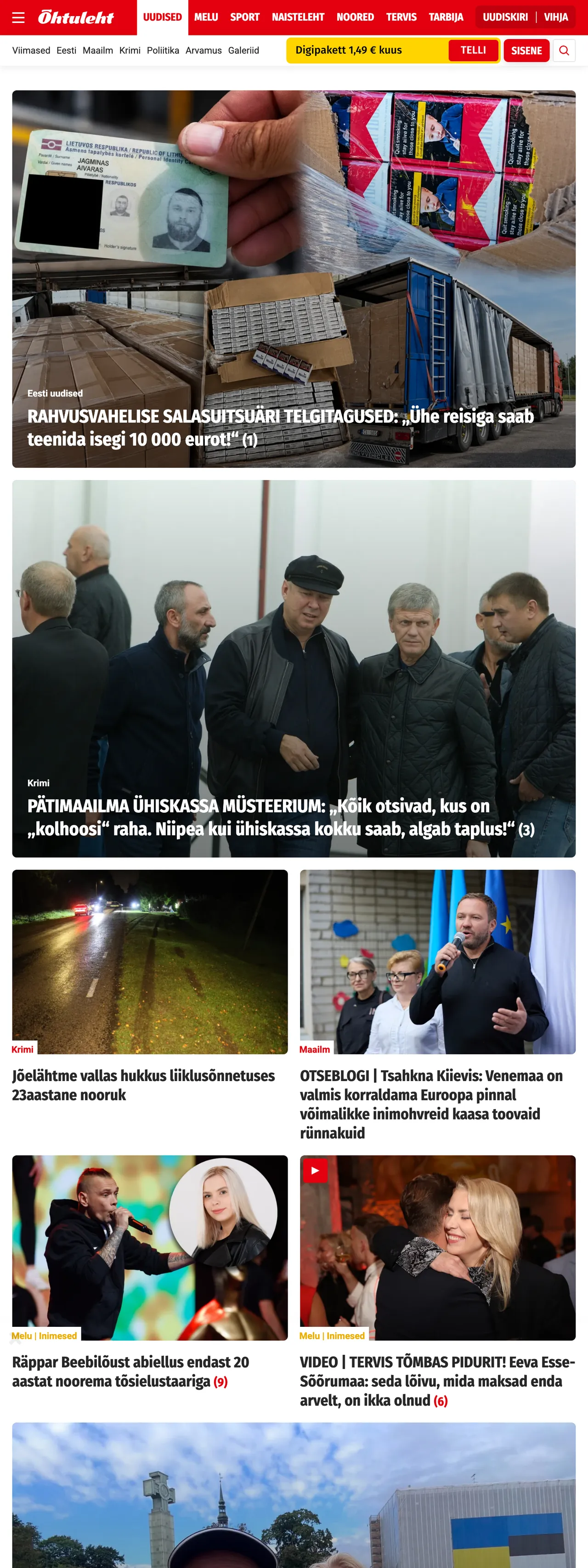 Screenshot of the Õhtuleht front page