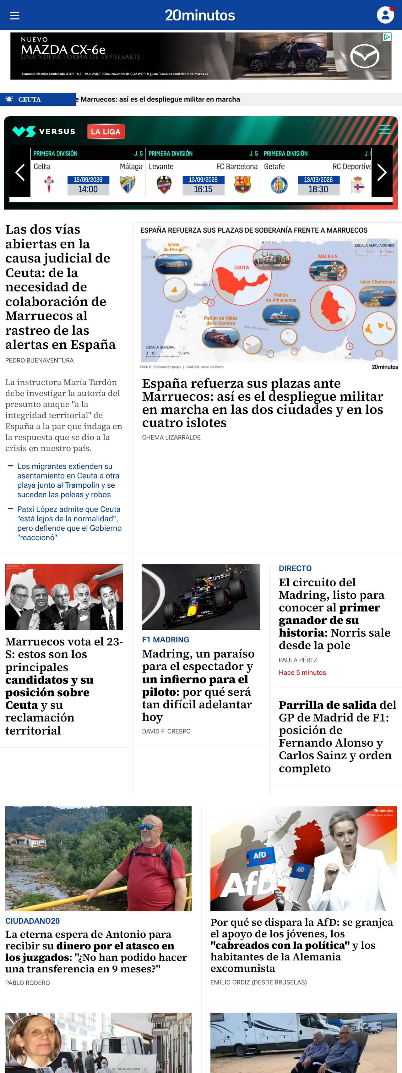 Screenshot of the 20minutos front page