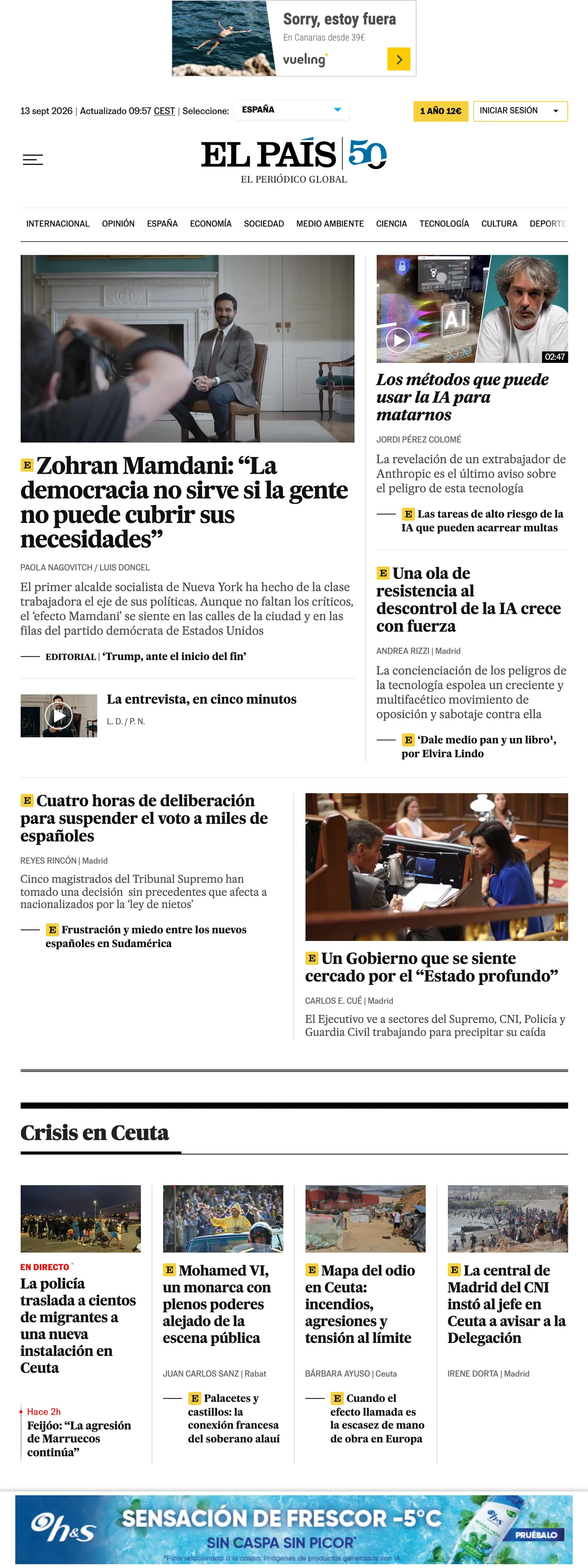 Screenshot of the EL PAÍS front page