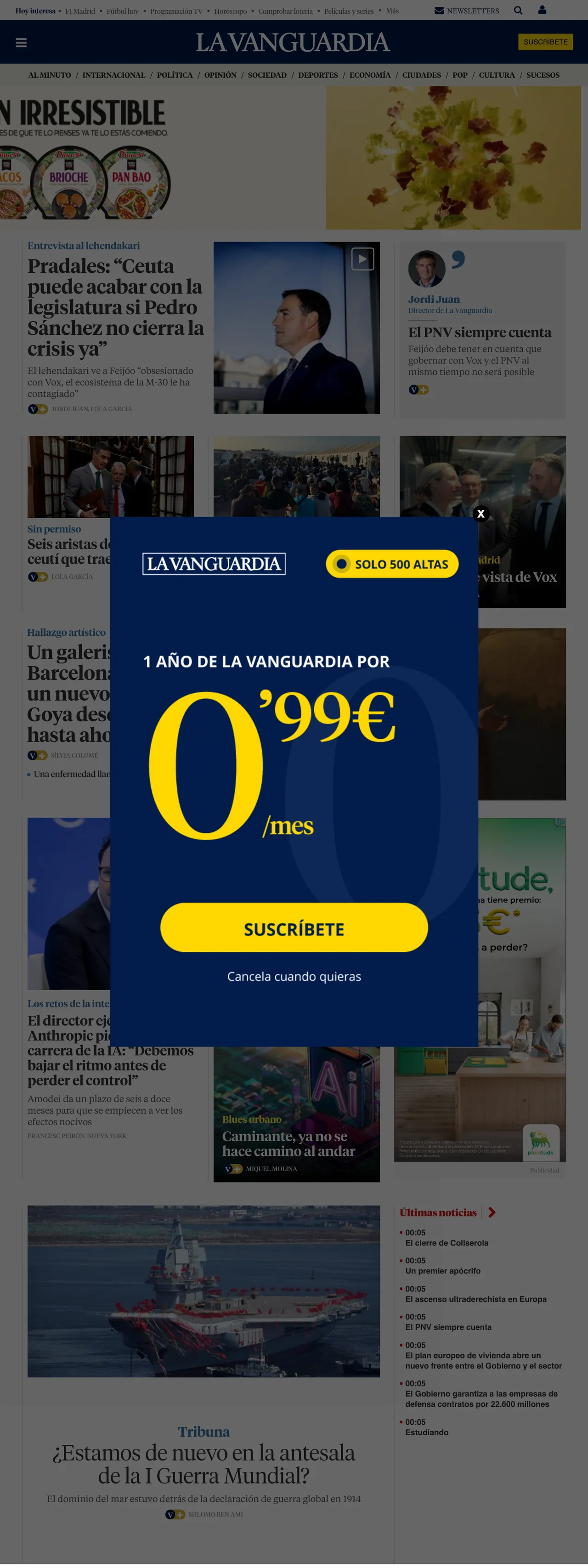 Screenshot of the La Vanguardia front page