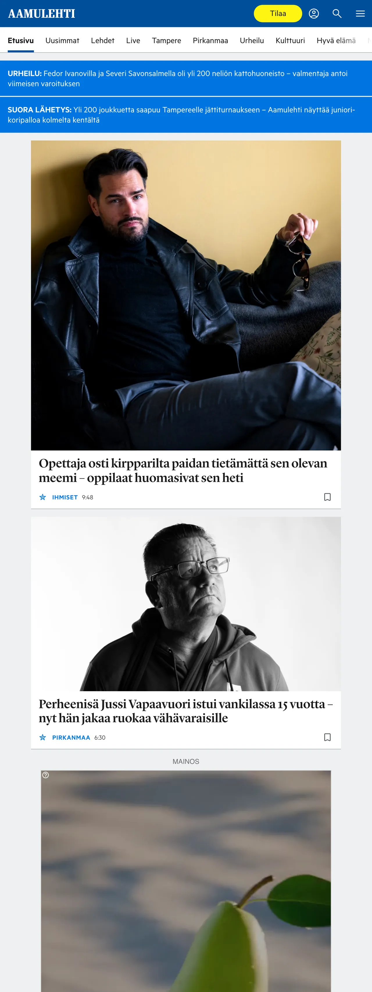 Screenshot of the Aamulehti front page